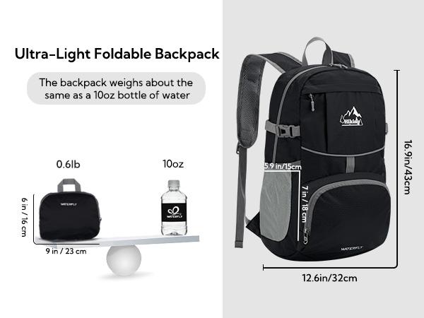 WATERFLY Hiking Foldable Daypack Backpack: 25L Ultra Lightweight Packable Outdoor Travel Day Pack for Woman Man Chest Strap Chest Strap Durability SpringStatements