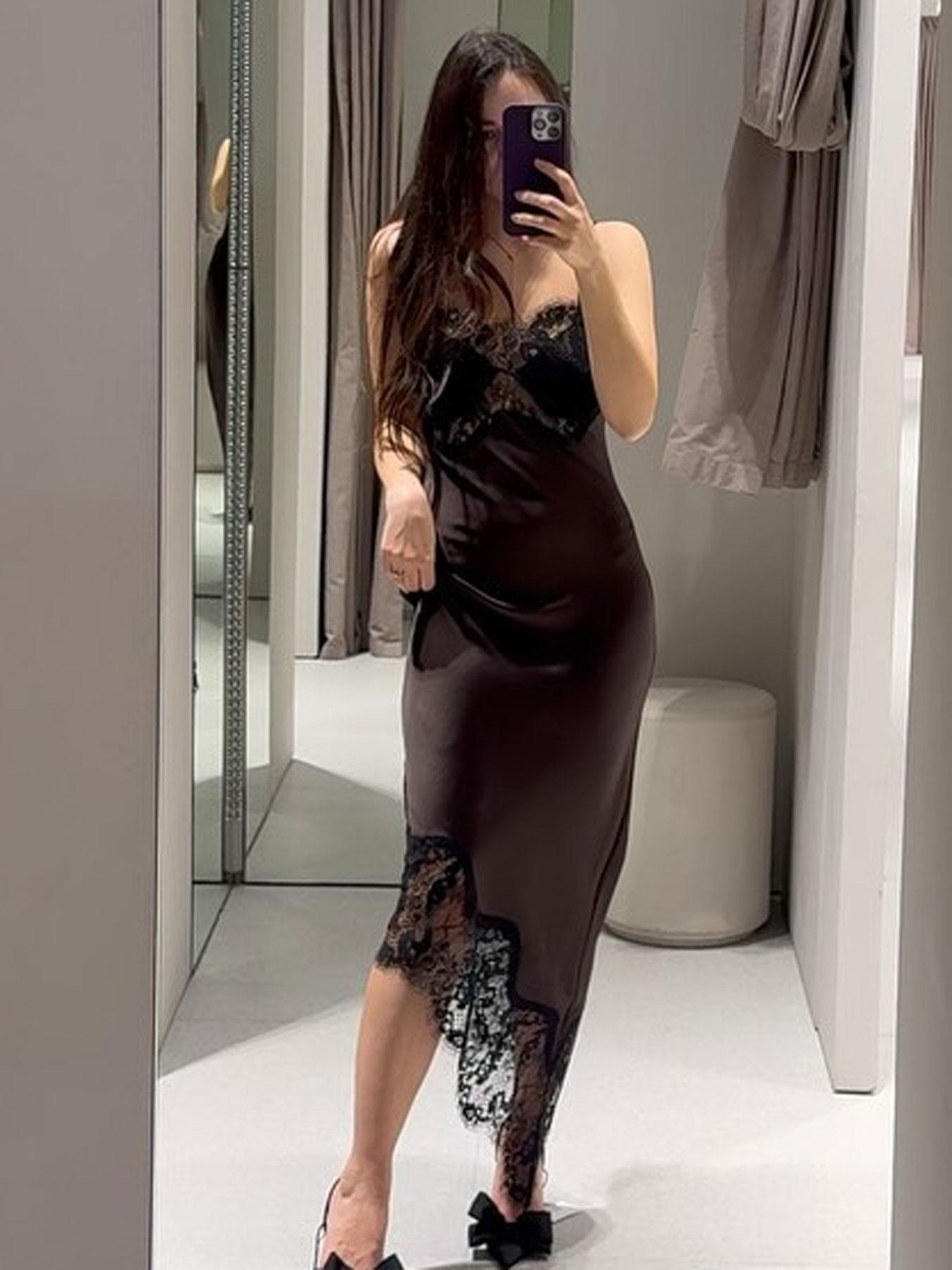 Women's Asymmetric Lace Satin Midi Dress, Chocolate Olive Thin Straps, Lace Trim and Silk Aesthetic, Spring Summer Fashion