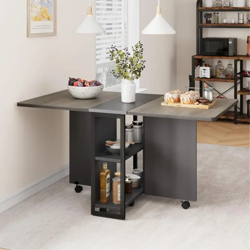 GARVEE Grey Foldable Pin-Control Extendable Rectangle Dining Table - 6-Wheel Base, 15mm Thick Top, 2-Layer Storage Organizer Shelf, 150-Pound Stable Indoor Furniture, Space-Saver for Dining Room & Office, Multi-Use Computer Desk