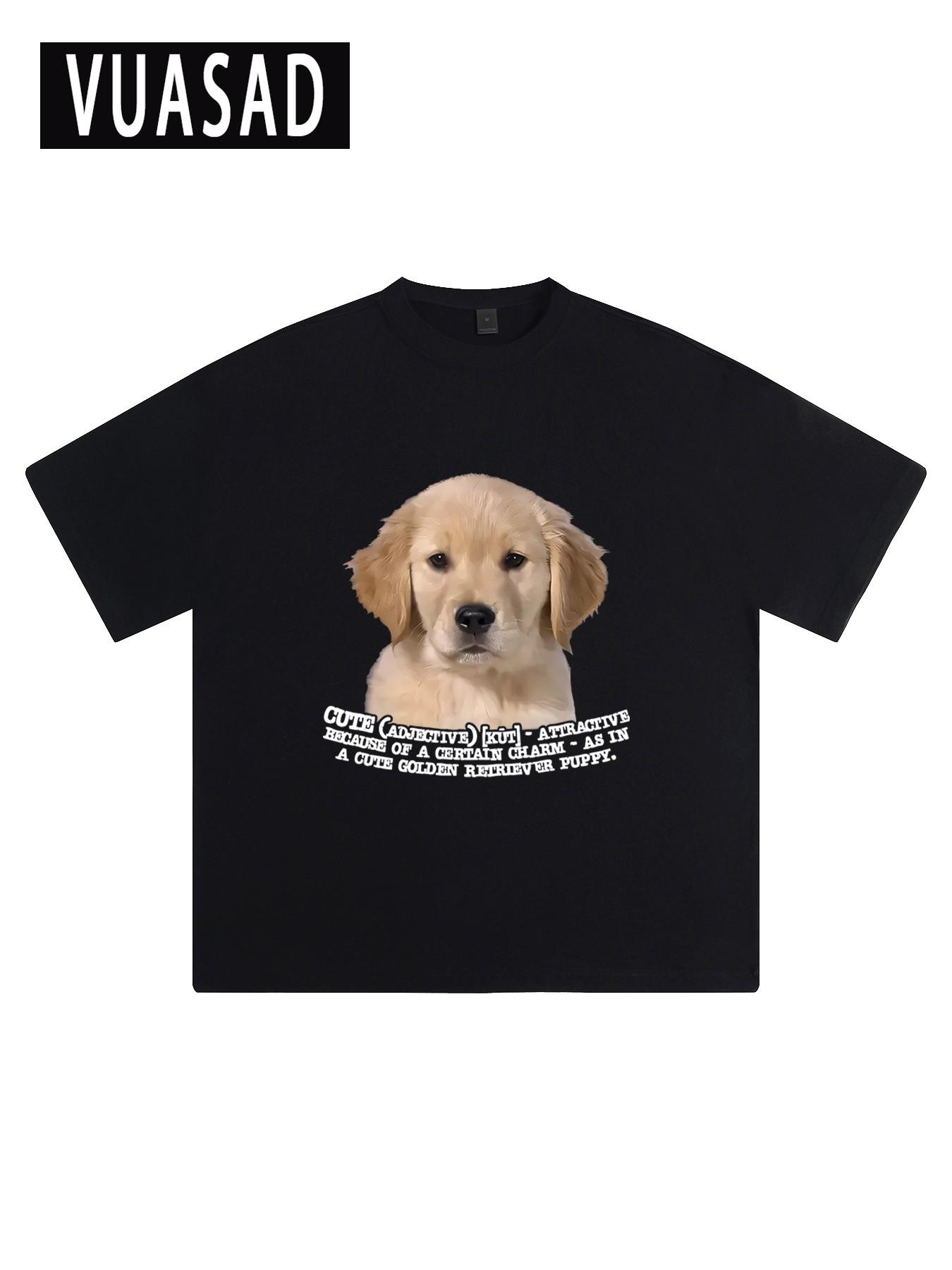 Adorable Golden Retriever Puppy Print Short Sleeve T-Shirt, Men's Loose-Fit Drop Shoulder Cotton Top, Casual Fashion Long Tee