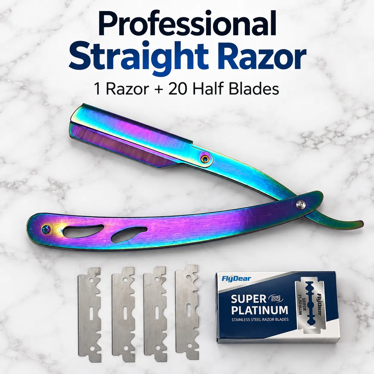 Professional Barber Straight Razor for Men, Rainbow Stainless Steel Shavette Razor with 20 Half Blades, Folding Straight Edge Razor, Reusable Manual Shaving Kit for Beard Shaping, Hairline Detailing, Home & Salon Use Precision razors