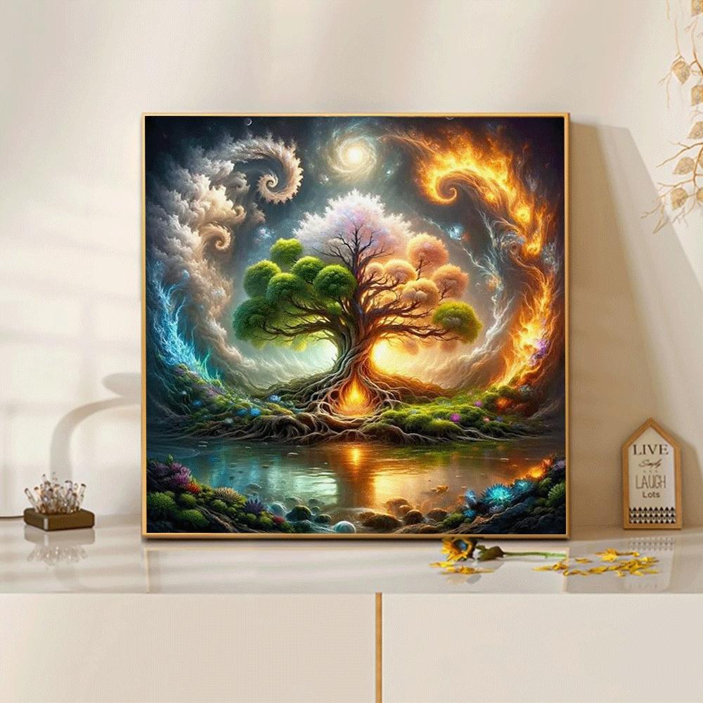 1PC,2D Mystical Tree of Life Diamond Painting Kit DIY Crystal Rhinestone Embroidery Art Craft for Home Wall Decor Fantasy Nature Landscape with Swirling Clouds and Glowing Roots Creative Gift for Adults and Kids