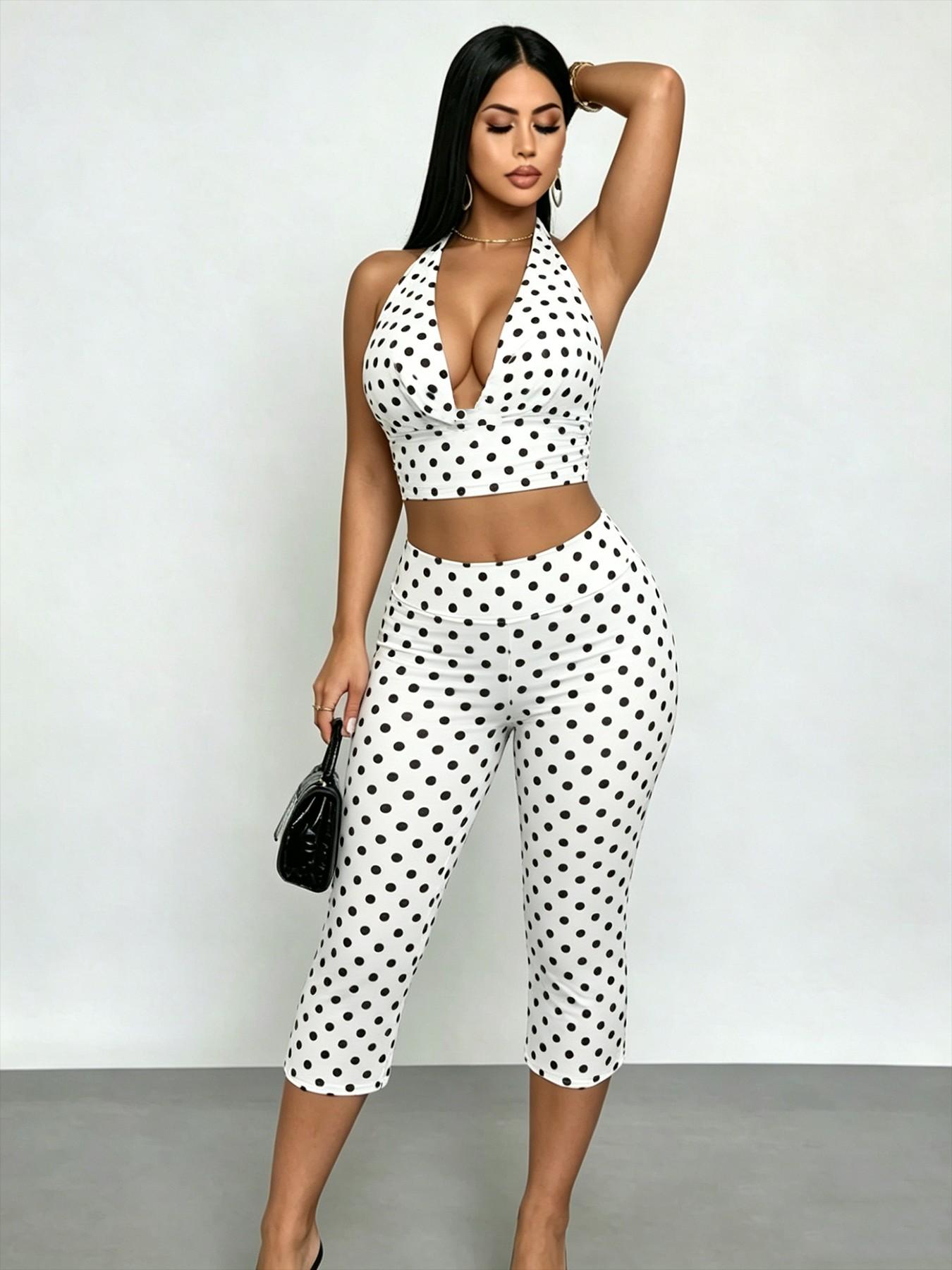 Tiktok Viral 2026 Women's 2 Pack Polka Dot Set, Halter Neck Deep V Crop Top & High Waisted Capri Leggings, Y2K Retro Streetwear, Outfit, Stretchy