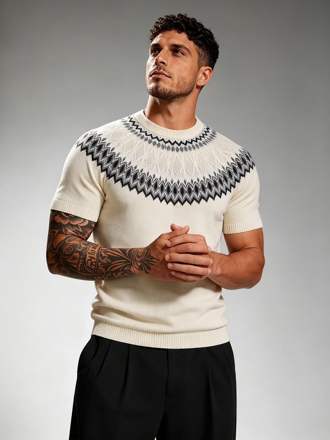 Men's Crew Neck Short Sleeve Knit Sweater, Retro Classic Graphic Knit Pullover, Spring Summer Smart Casual Daily, Comfortable and Stylish