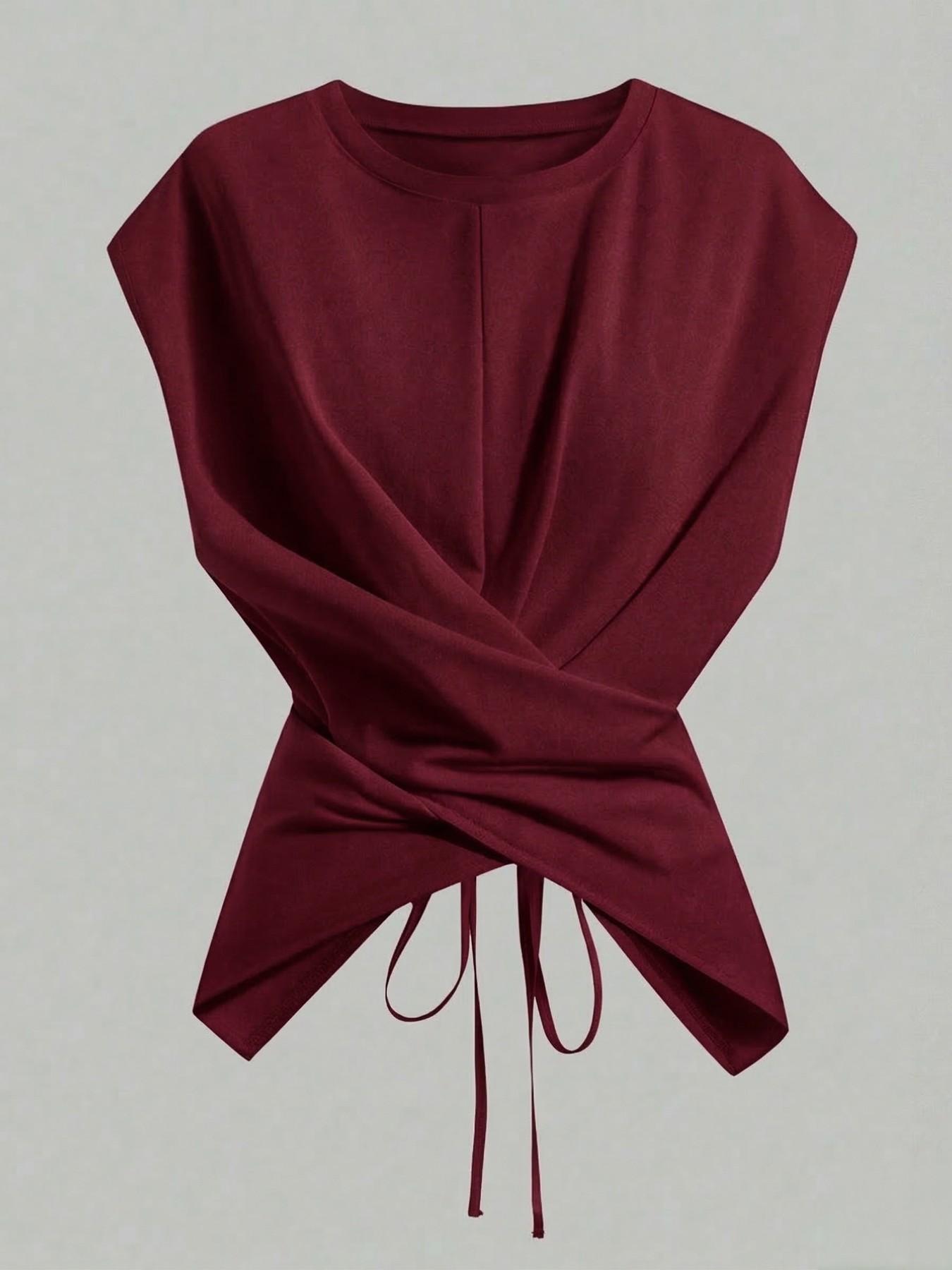 Women's Knitted Round Neck Drop Shoulder Sleeve T-Shirt, Fashion Casual Asymmetrical Criss Cross Back Tie Top, Spring & Fall Wear