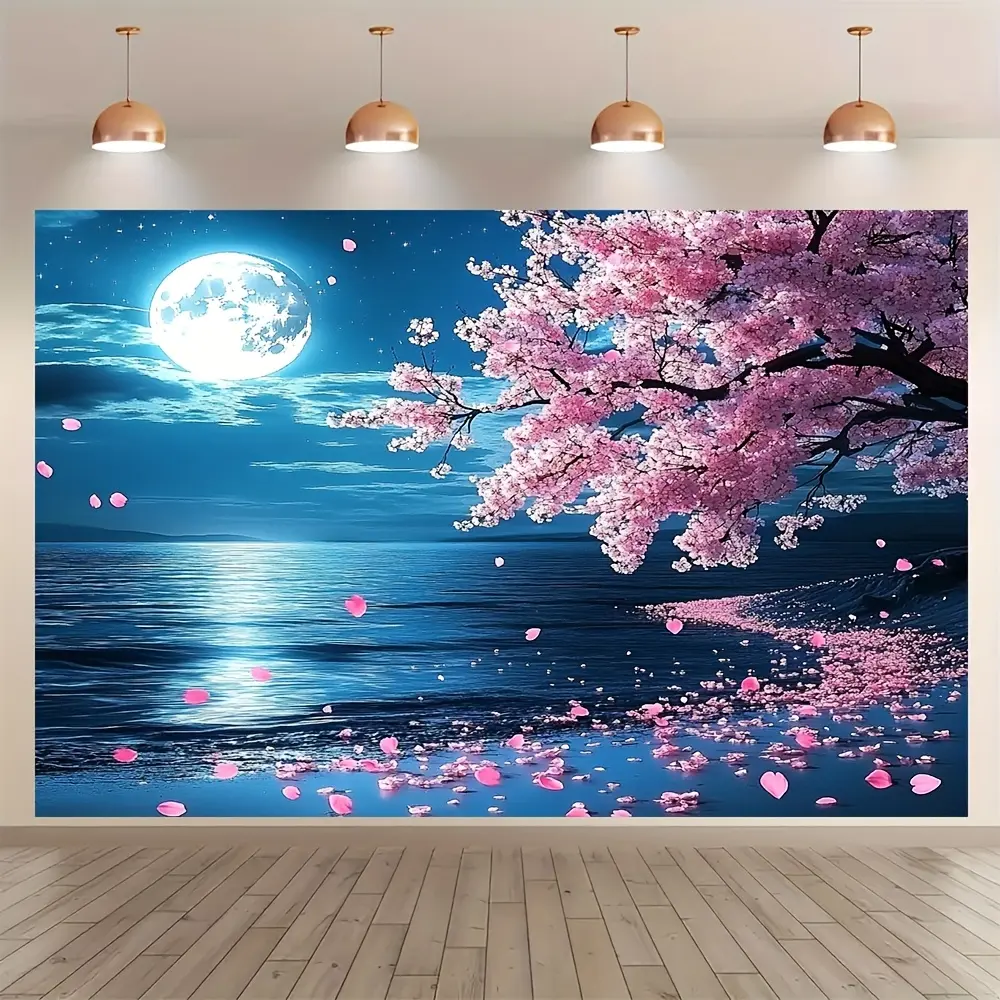 1pc Oversized Spring Cherry Blossom & Moon Backdrop - Tranquil Nighttime Scene with Pink Flowers, Easy-to-Hang Polyester, Ideal for Anniversary, Cake Smash Photoshoots & Room Decor, No Electricity Required, Garden Decor | Springthemed Decor | Durable Mate