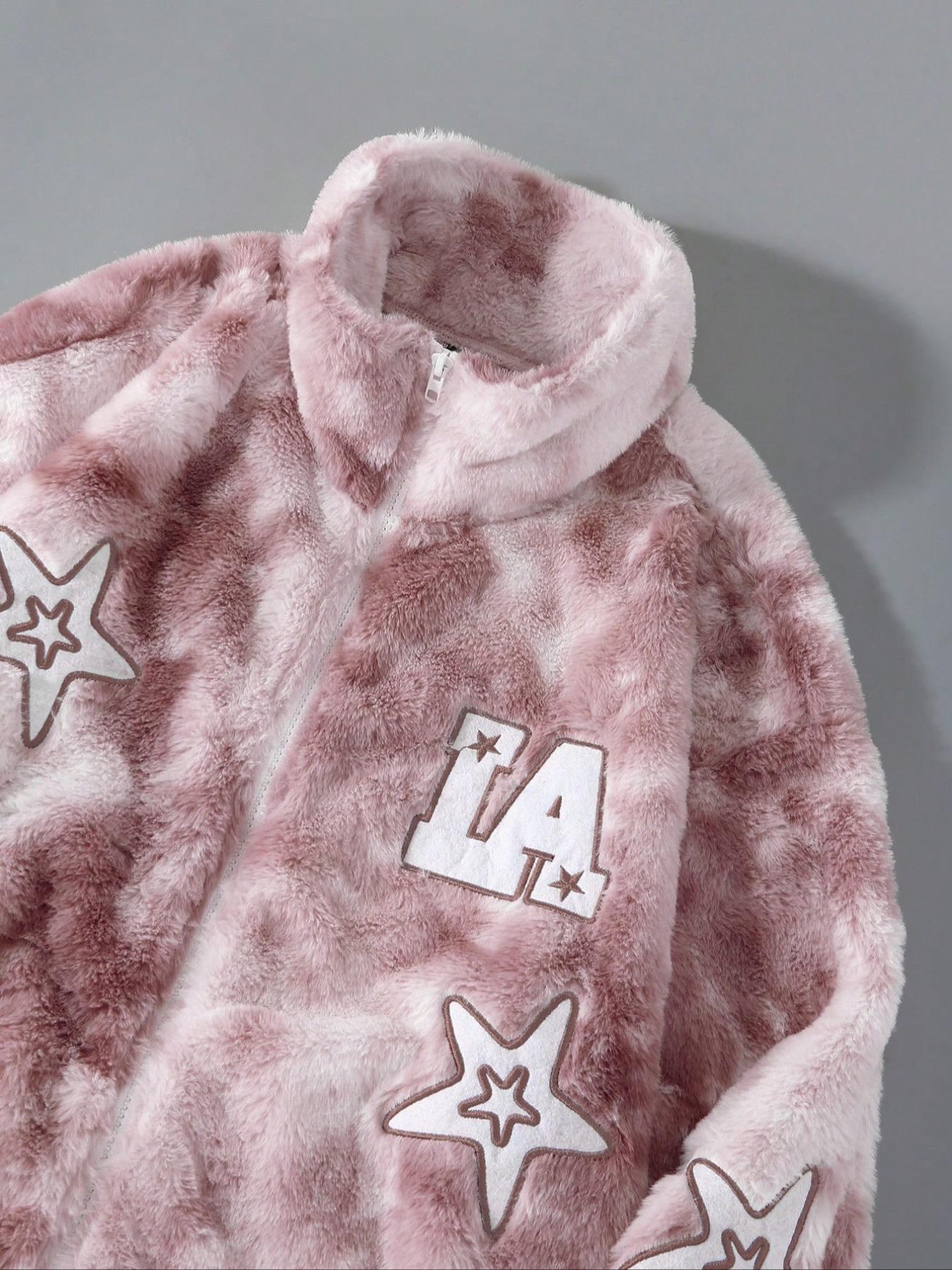 Men’s and women’s versions. Streetwear style: LA letters and pink tie-dye star-shaped appliqué fleece jacket for winter warmth and protection. Suitable for streetwear, trendy outfits, cold weather protection, men’s gifts, campus-inspired styles, casual we