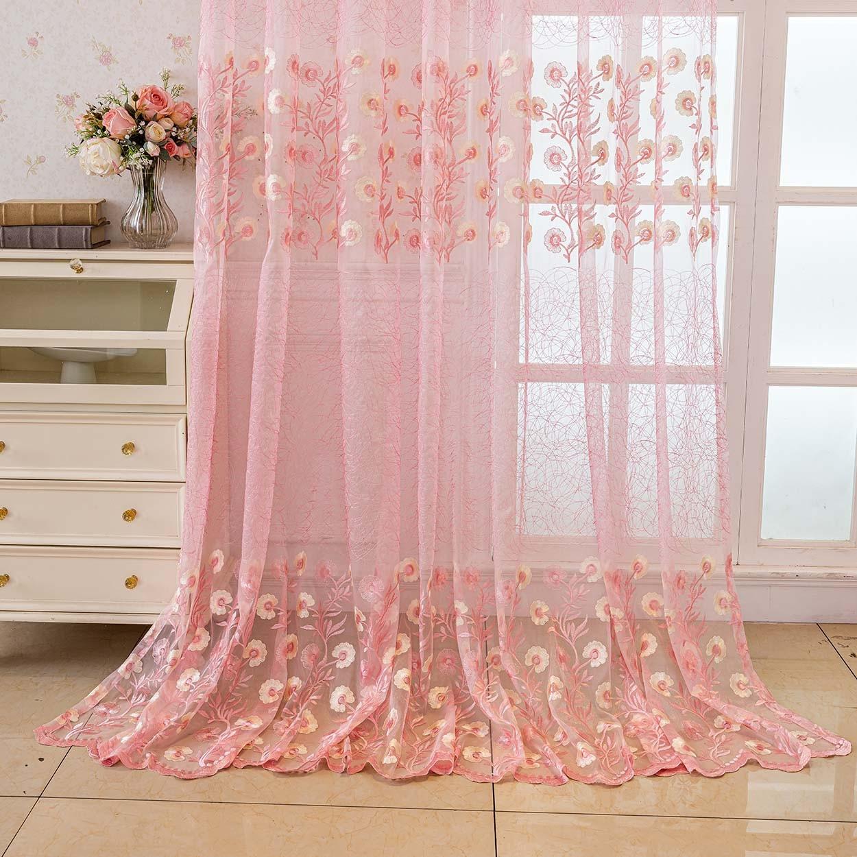 1panel Cherry Blossom Embroidered Transparent Curtain, Top Ring Hanging, Bedroom Balcony Living Room Decor, Create Atmosphere