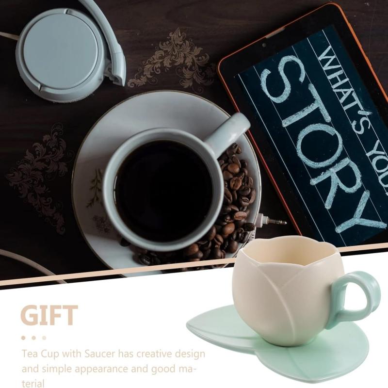 1 Count Ceramic Tulip Coffee Mug with Saucer Set, Shape Cup, Cute Mug Set, Latte Mugs for Tea Coffee Milk for Home Office Aesthetic 🌸Multi-use Cup and Saucer  Designer Coffee Mug ☕  🥐 🍰