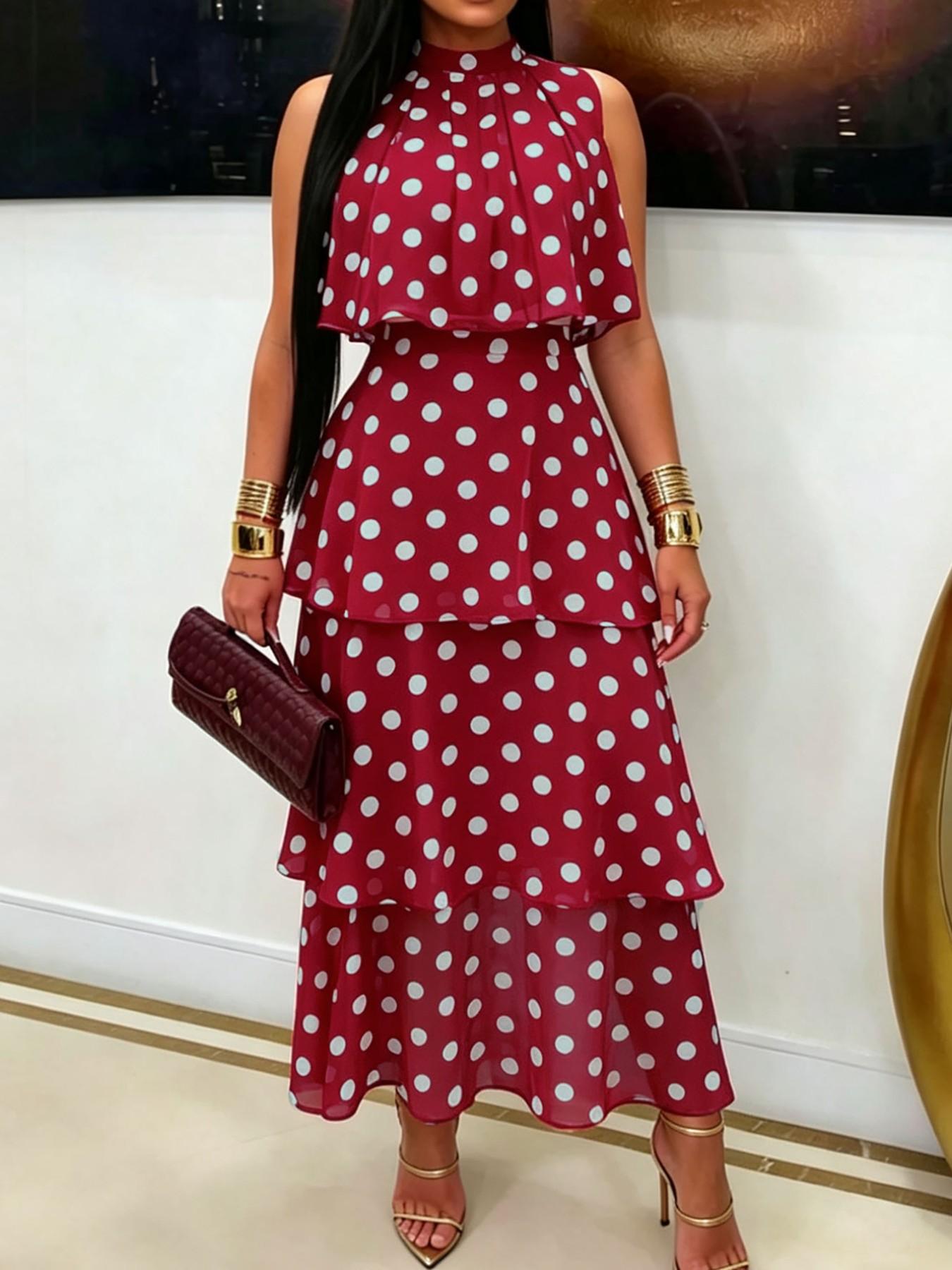 Fashionable chic women's polka dot two-piece dress set, high-waisted fitted sleeveless long dress, party-dating layered two-piece dress, elegant formal two-piece long dress for business gatherings, Dresses for party