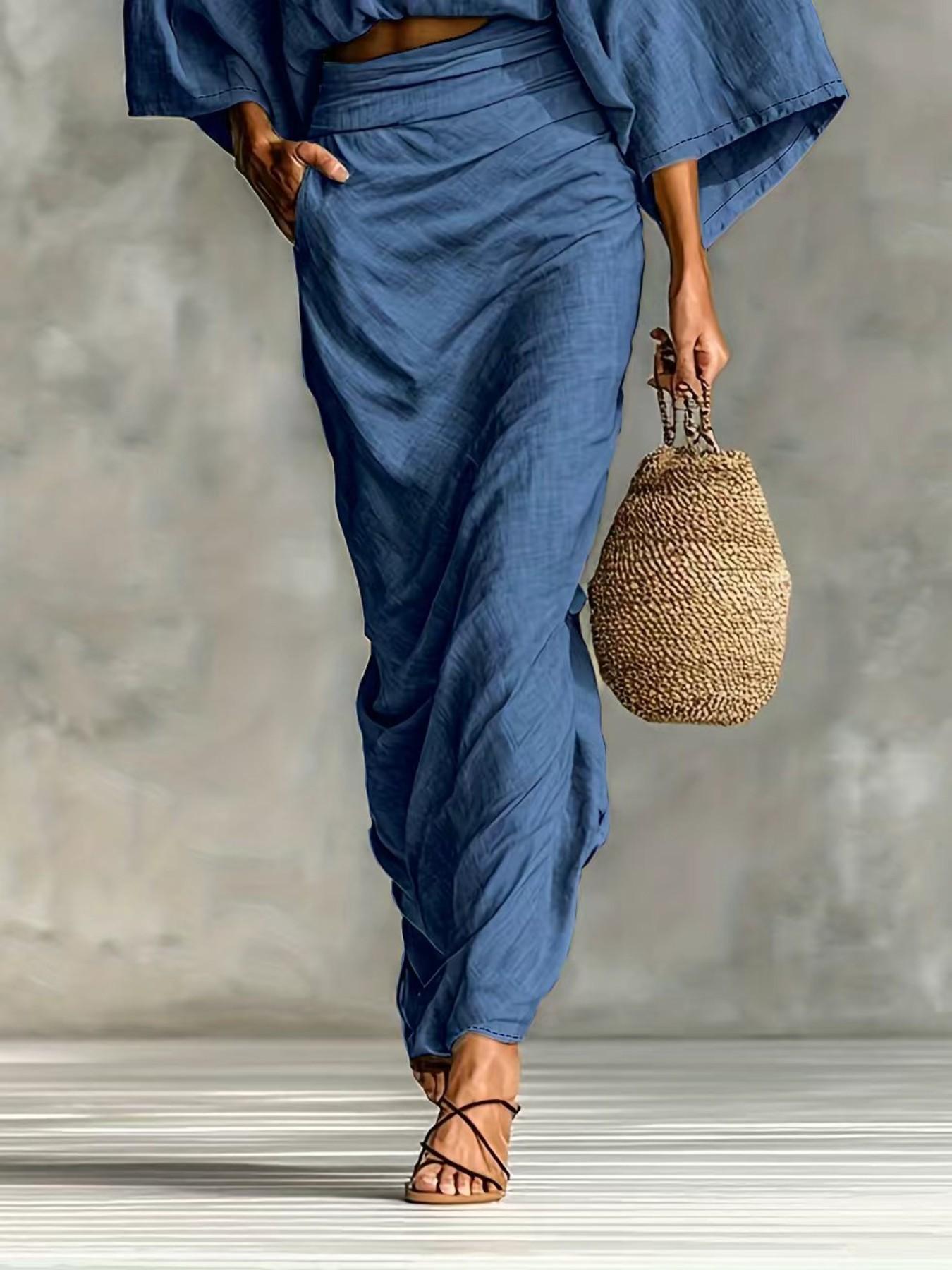 Women's Stylish Loose-Fitting Casual Two-Piece Set, Spring & Fall Comfortable Long Skirt with Waist Definition and Pocket one pocket Women's Stylish Loose-Fitting Casual Two-Piece Set, Spring & Fall Comfortable Long Skirt with Waist Definition and Pocket one pocket