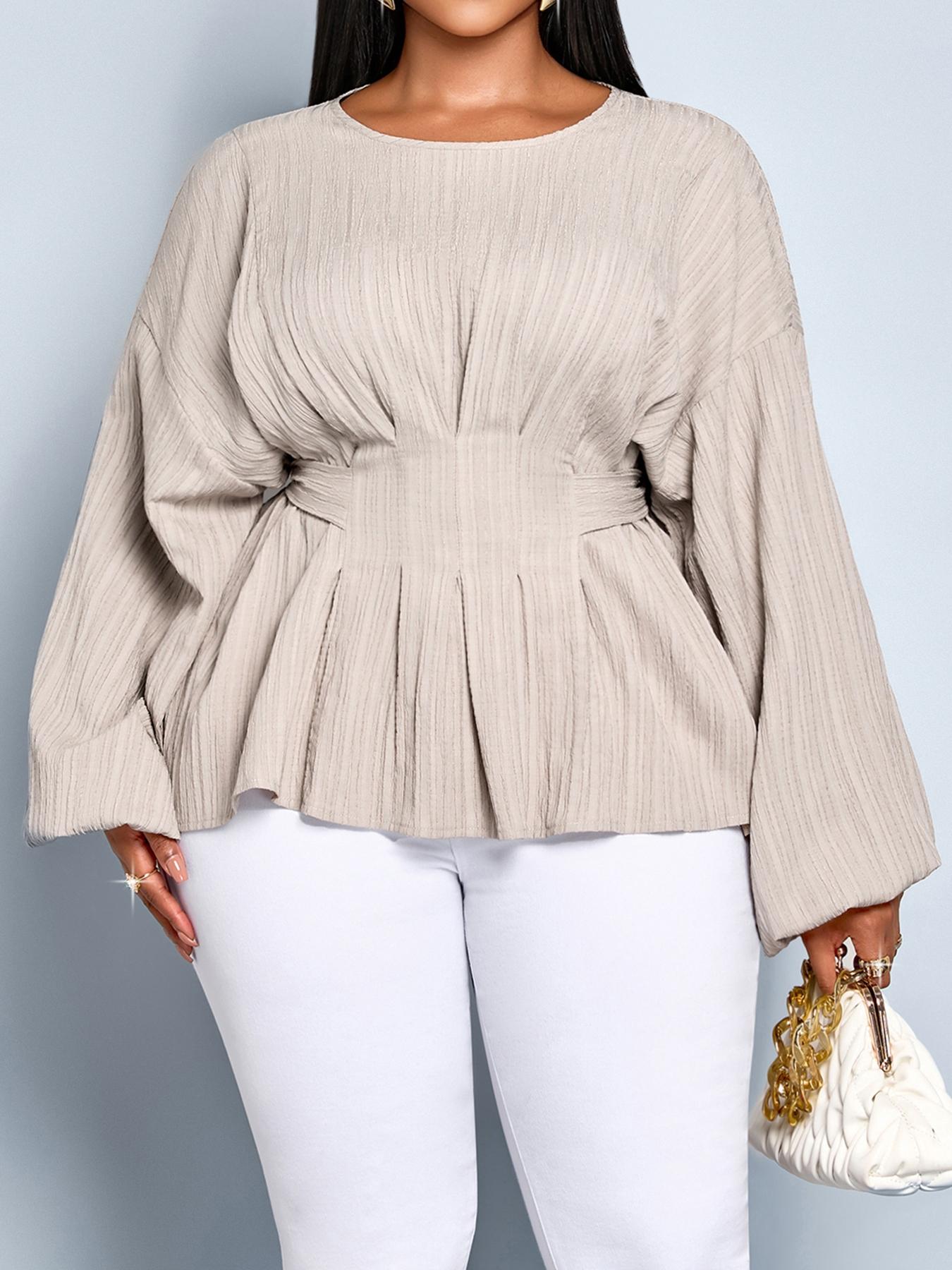 Women's Casual Long Sleeve Shirt Top, Fall & Winter Fitted Plain Bow Design, Large Size Round Neck Back Tie Knot Blouse