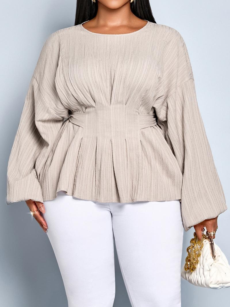 Women's Casual Long Sleeve Shirt Top, Fall & Winter Fitted Plain Bow Design, Large Size Round Neck Back Tie Knot Blouse