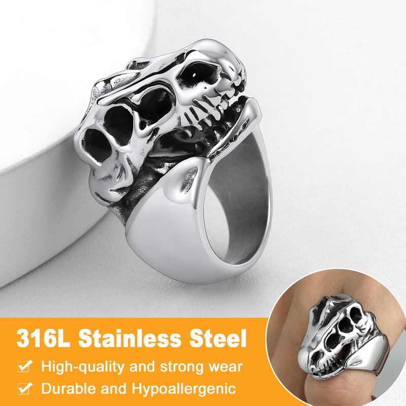 U7 Mens Jewelry Ring Dinosaur Head Skeleton Signet Ring Gothic Punk Jewelry Ring Stainless Steel