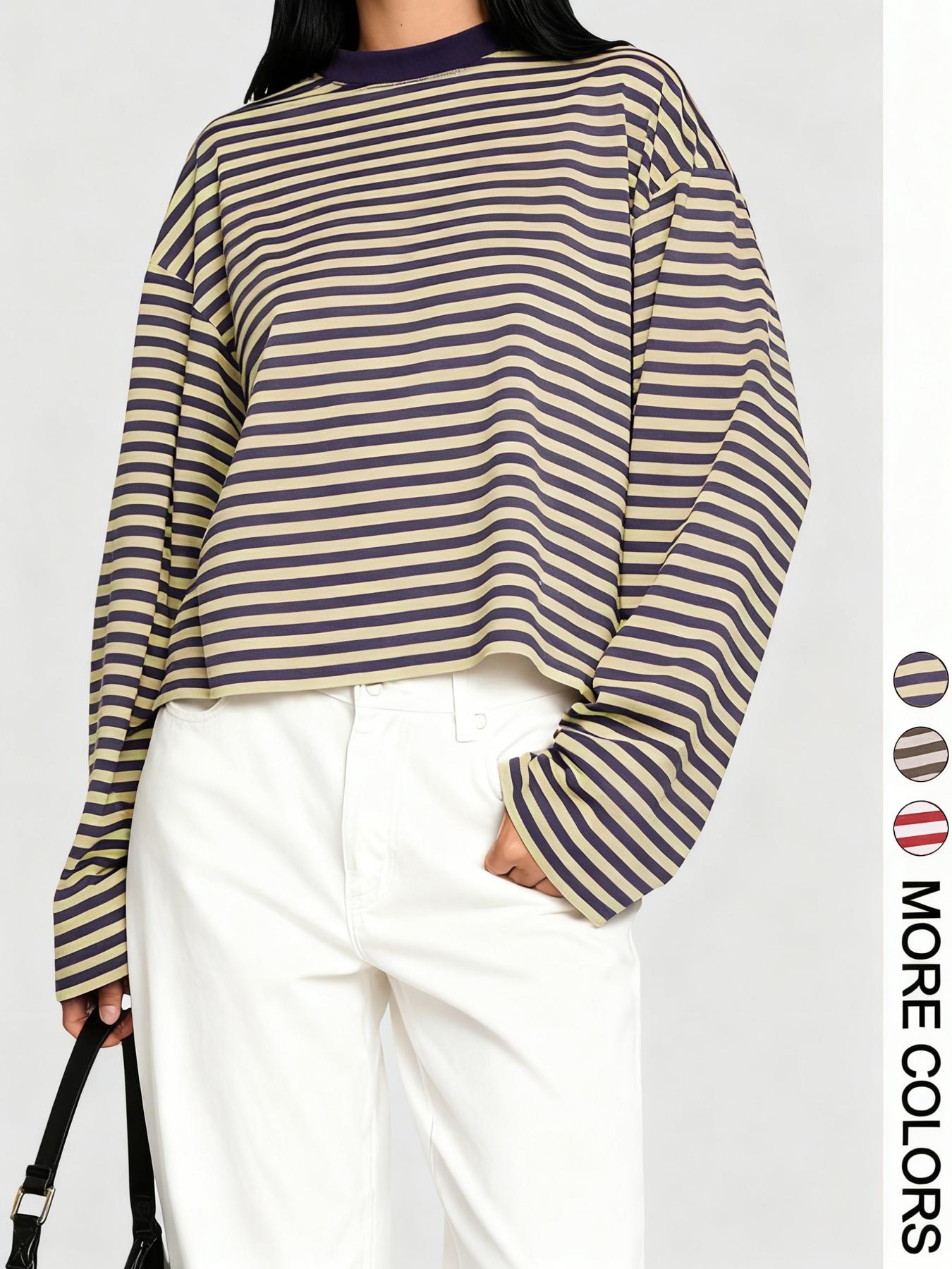 Valentine's Day Women's Minimalist Striped Casual Long Sleeve Sweatshirt Top, Loose-Fit Knit Fabric, All-Season Wear, Moderate Thickness