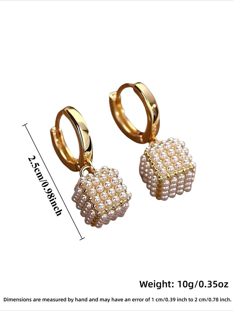 French Vintage Geometric Square Faux Pearl Earrings, Simple Elegant Design, Unique Ladies' Daily Wear Party Jewelry, High Quality Earrings