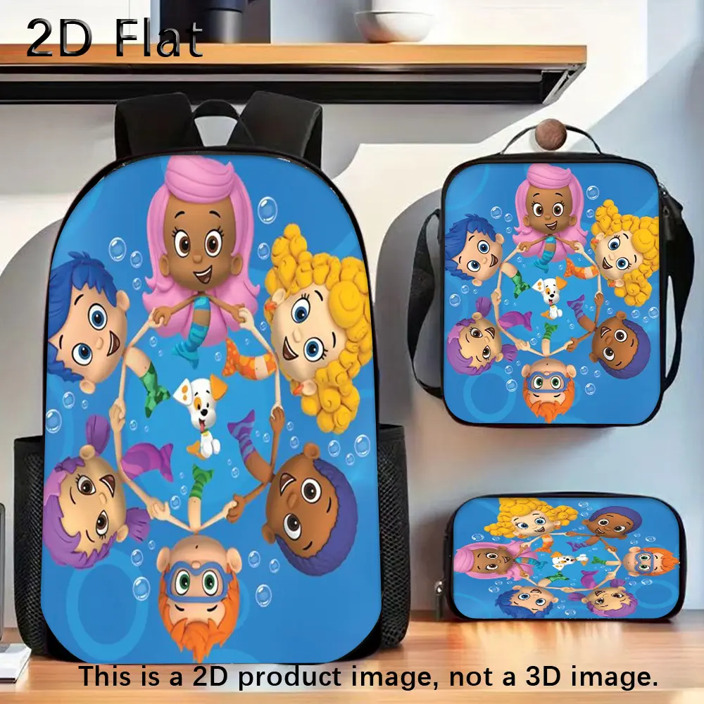 Durable Water Resistant 3-Piece Backpack Set, Backpack + Insulated Lunch Bag + Pencil Case, Bubble Guppies Full Character Underwater Bubble Background Print, Breathable Padded Straps