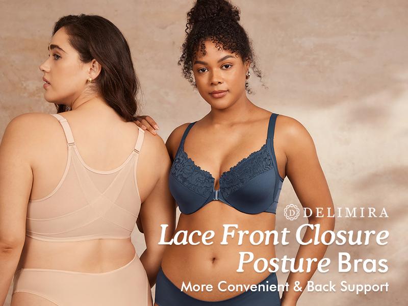 DELIMIRA Women's Front Closure Bras Posture Full Coverage Plus Size Lace Underwire Unlined Bra DELIMIRA Women's Front Closure Bras Posture Full Coverage Plus Size Lace Underwire Unlined Bra