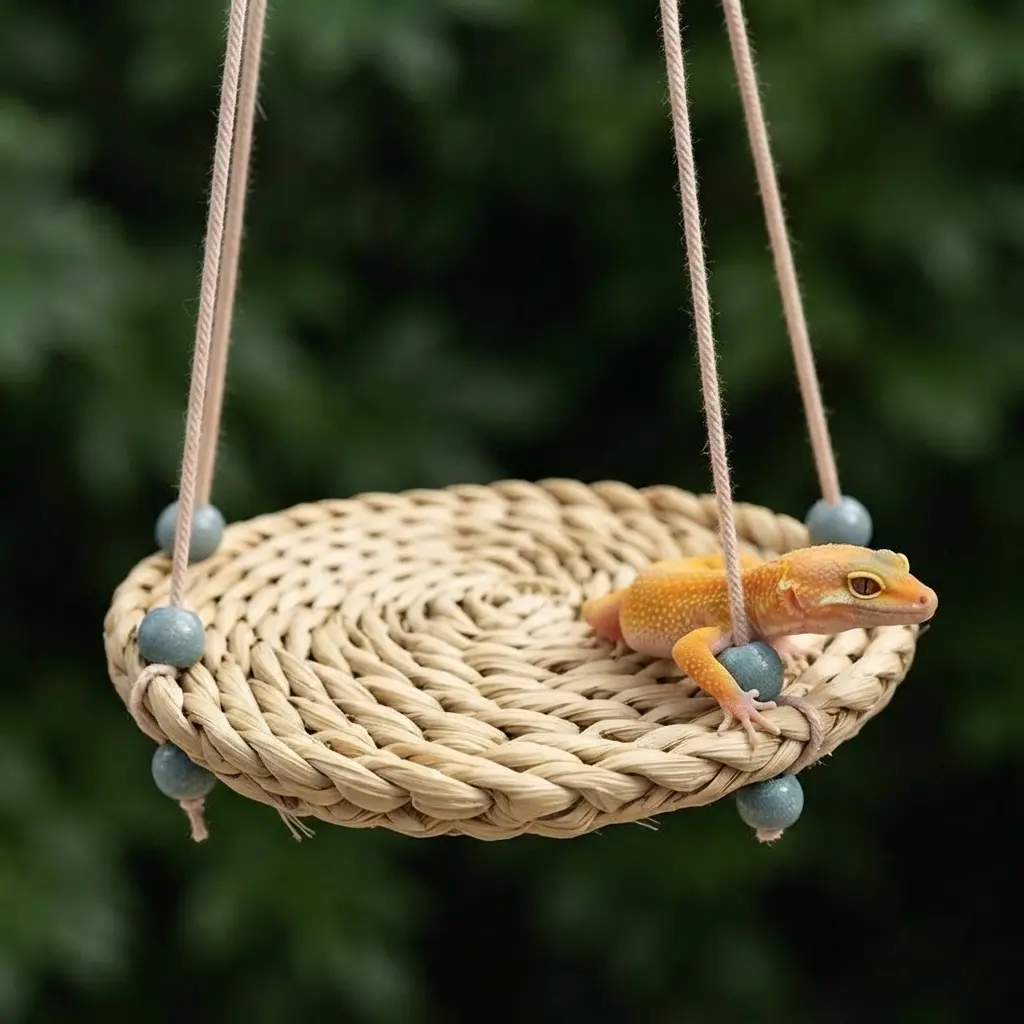 Handwoven climbing pet hammock, hanging breathable hideaway swing nest, natural fiber climbing perch for landscaping decoration, suitable for leopard geckos, Emperor scorpions, lizards, snakes, and chameleons