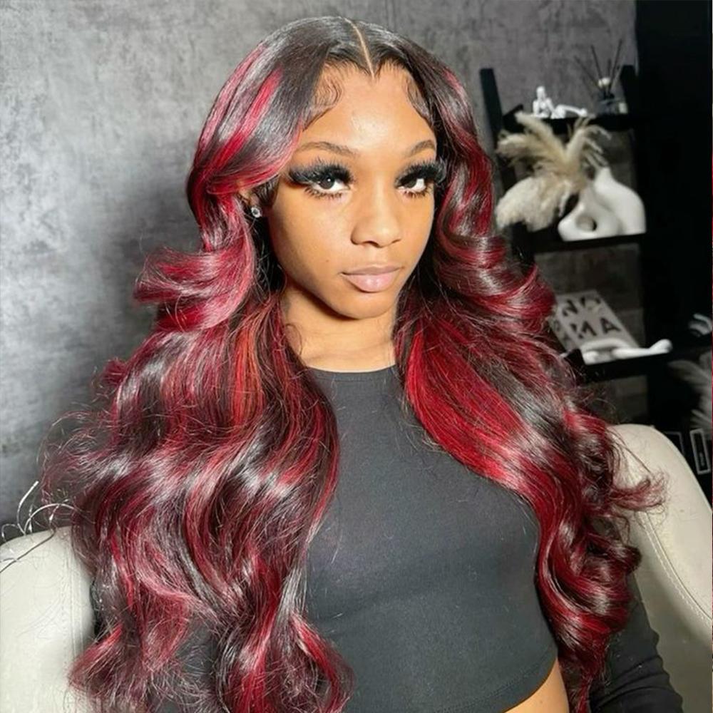 26 Inch Red Highlights on Black Color Body Wave Synthetic  display picture 1
