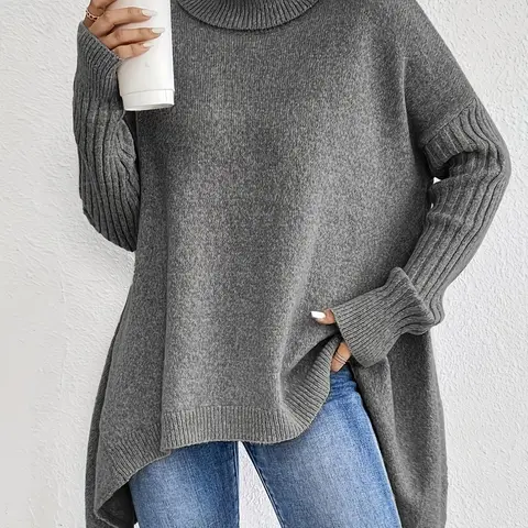 Women's High Neck Knit Sweater, Batwing Sleeve Loose Oversized Fit Asymmetrical Hem Top for Fall & Winter Knitwear
