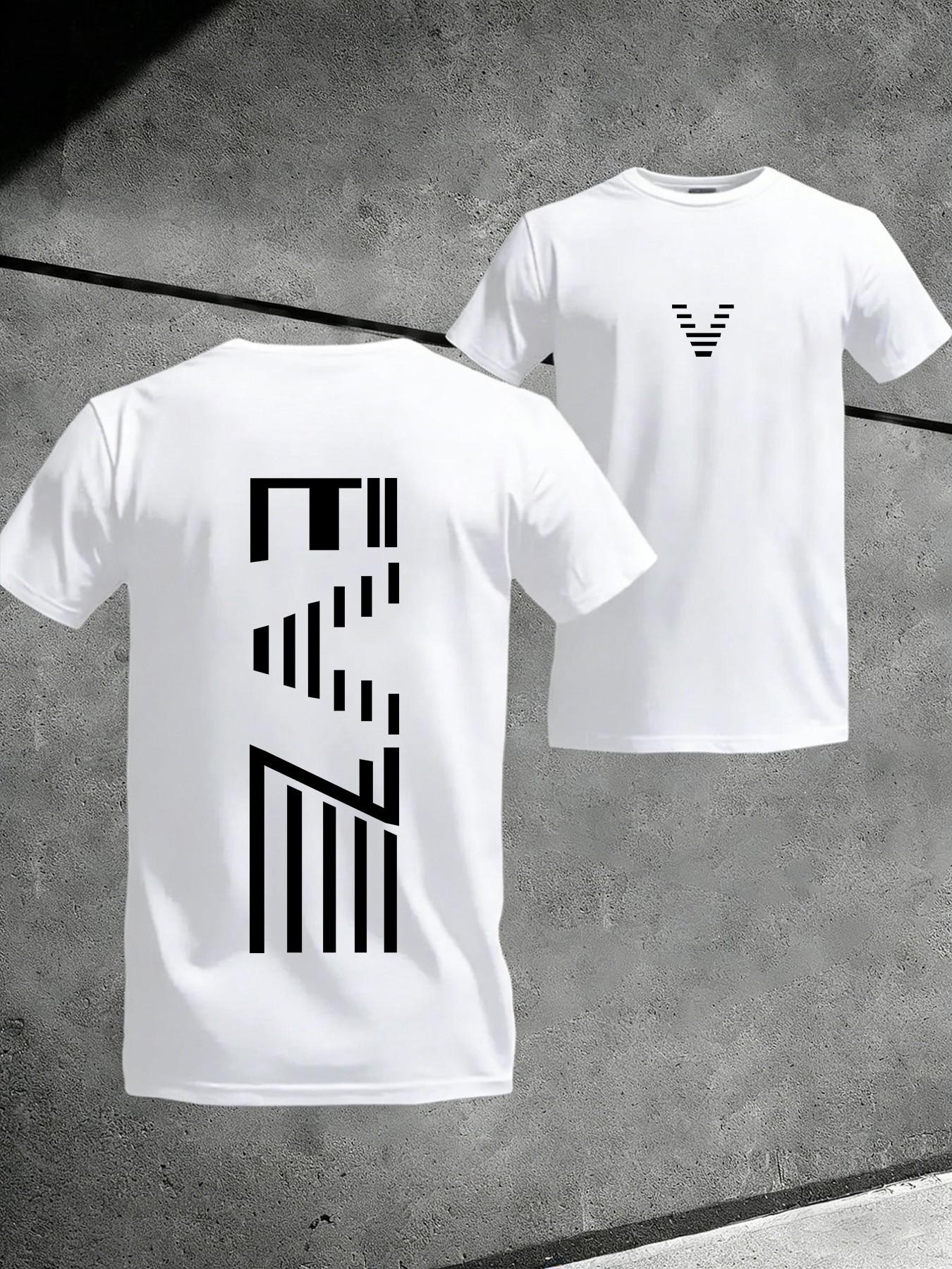 Unisex Gym Training & Outdoor Running Sports T-Shirt, Geometric Letter Line Pattern, Lightweight Breathable Quick-Dry Fabric, All Seasons