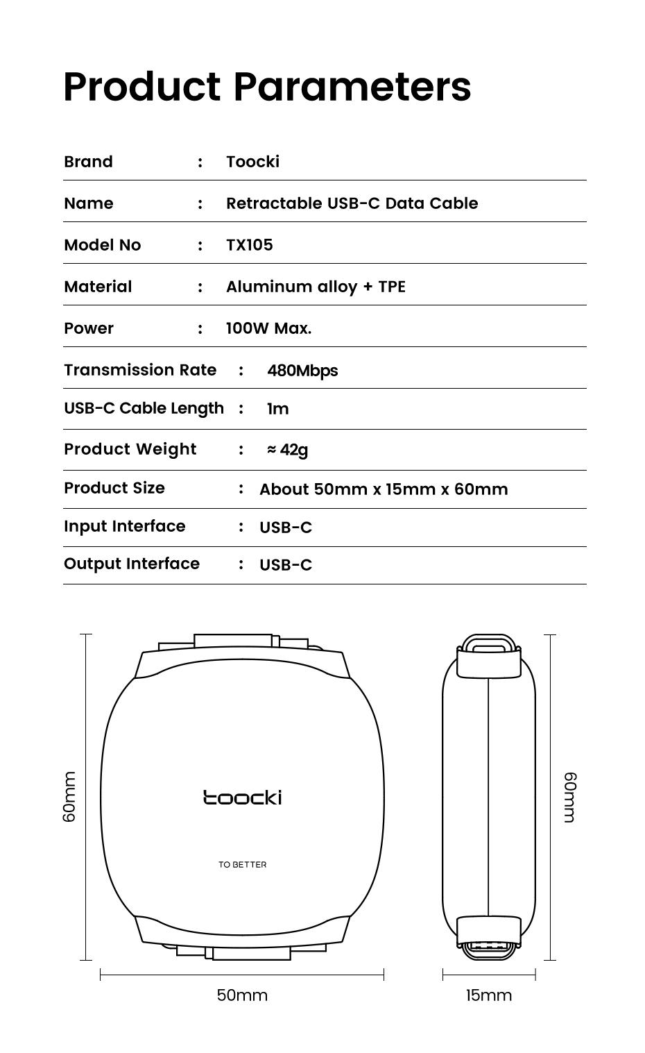 Toocki 100W USB C to USB C Retractable Cable Super Fast Charging For iPhone 16 15 Pro Max iPad Macbook Samsung S24 S23 Laptop Xiaomi Type C Cable PD 27W Type-C To Lightning Data Cable For iPhone 8-14 Series 1M