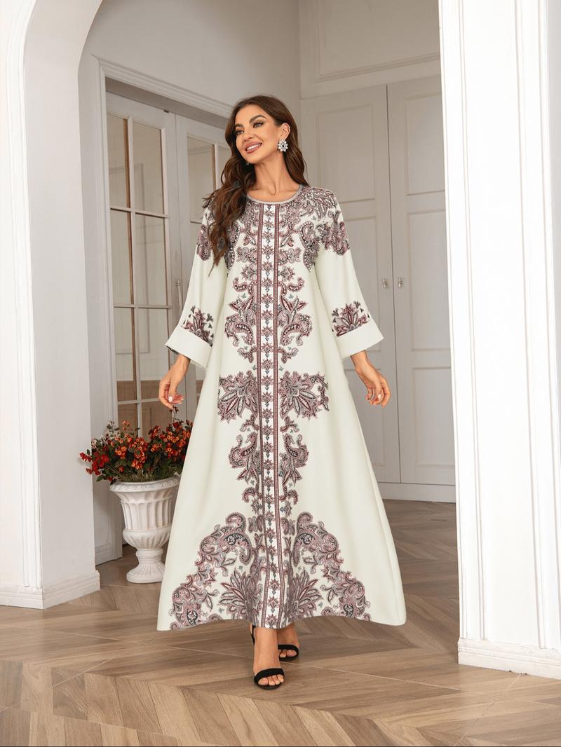 Women's Ethnic Pattern Faux Pearl Decor Long Dress, Boho Long Sleeve Round Neck Dress for Vacation Holiday Wedding Guest, Ladies Islamic Clothing for All Seasons