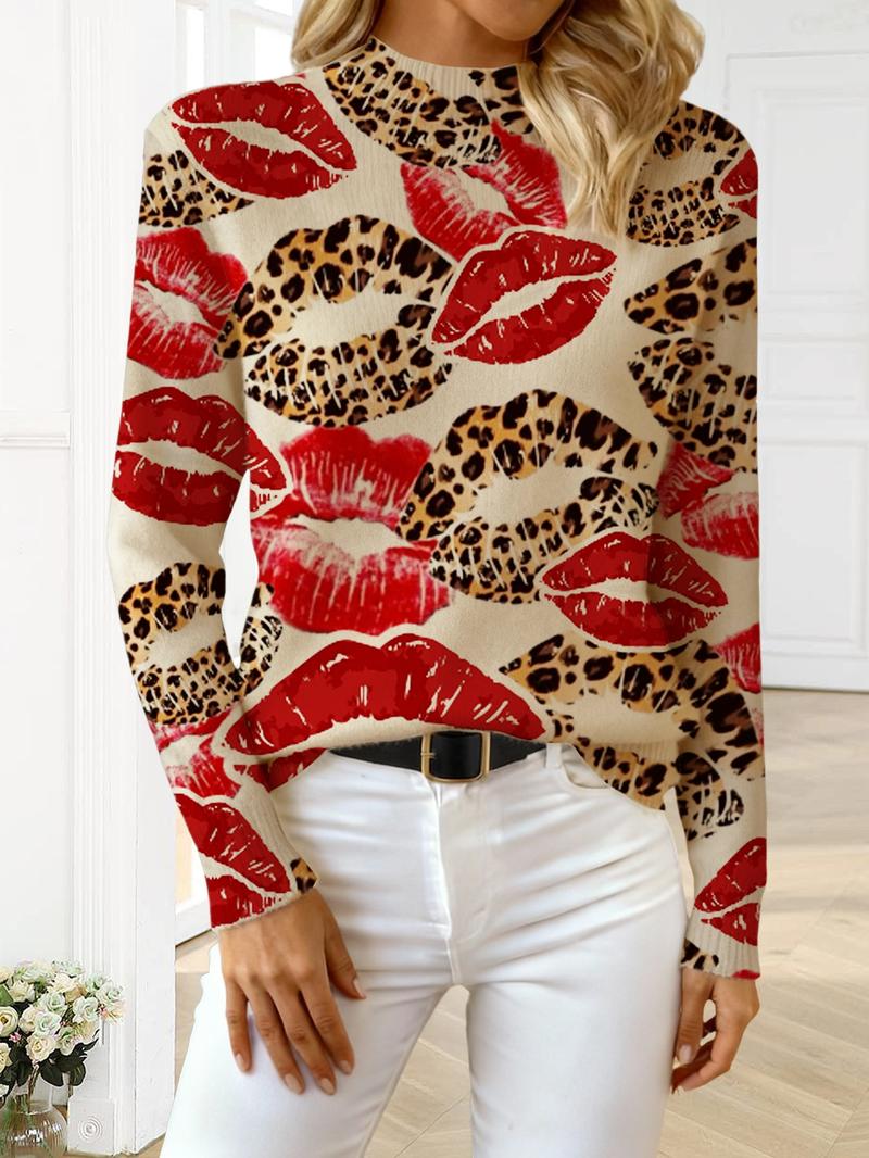 Women's Leopard Print Lip Design Mock Neck Sweater, Cozy Long Sleeve Knit Top for Fall & Winter, Casual and Versatile Women's Clothing