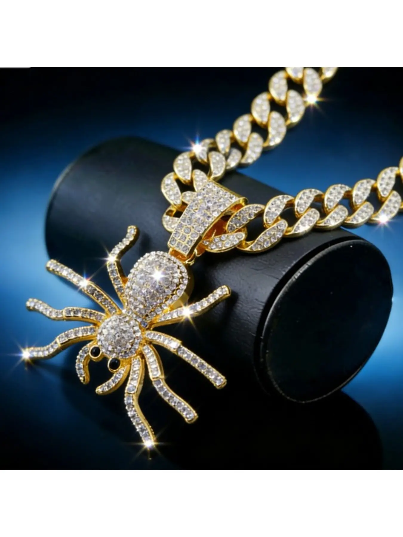 Halloween Gold Spider Pendant Necklace - Iced Out Cuban Link Chain Hip Hop Mens Jewelry iced out necklace, cuban link necklace, spider necklace, spider pendant, hip hop jewelry, mens necklace, gold cuban chain, rhinestone necklace, thick cuban link, state