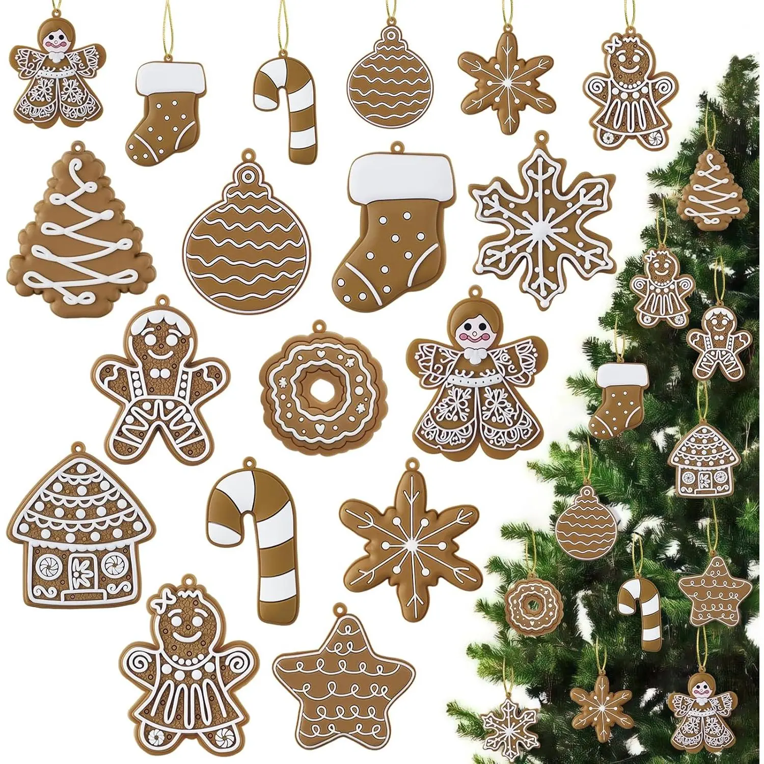 12 count Gingerbread Cookie Ornaments Bulk, Cookie Gingerbread Christmas Tree Decorations, Rustic Ginger Bread  Ornament for Winter Xmas Holiday  Party Decor Indoor