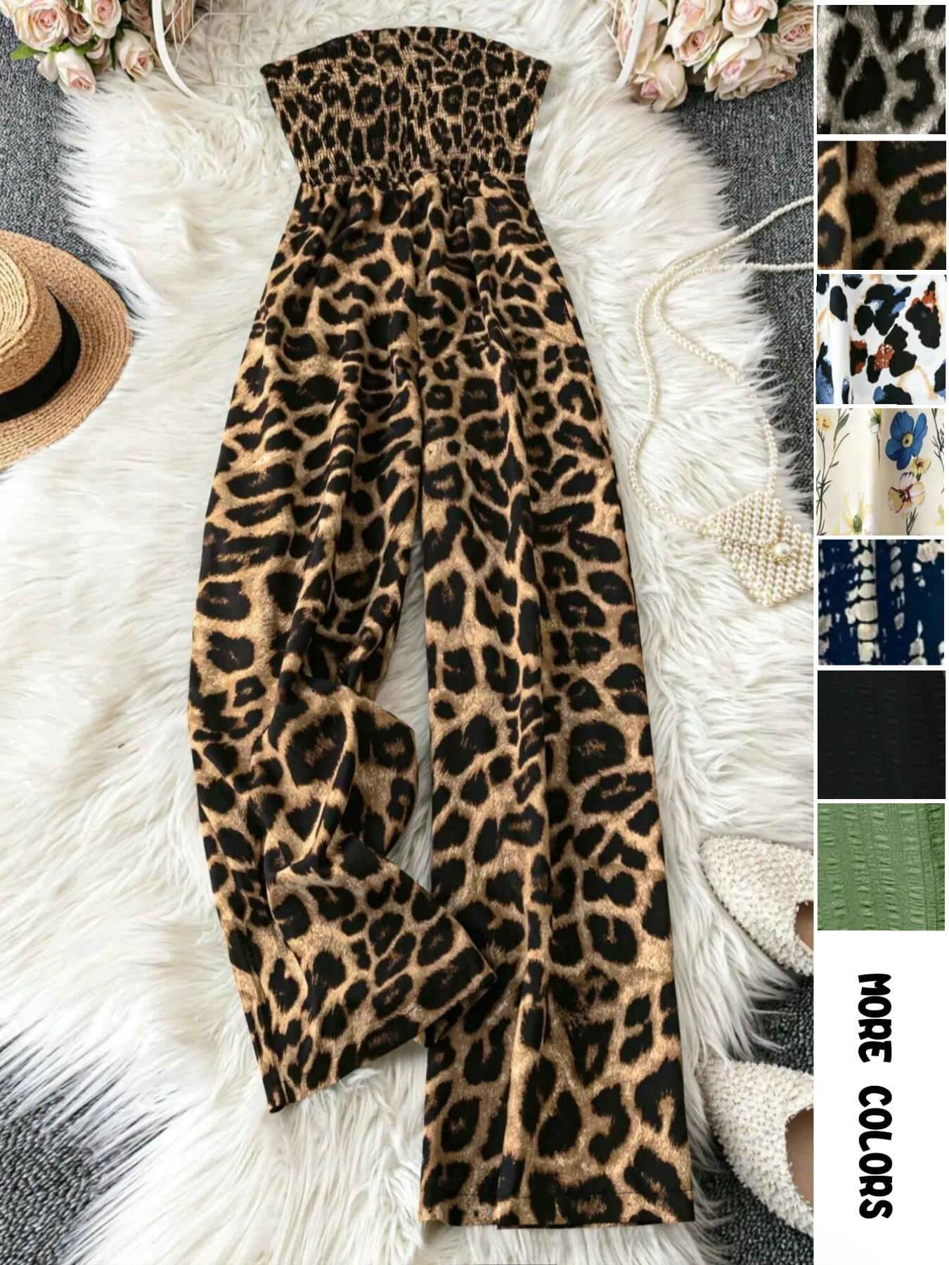 Women's Leopard Print Shirred Wide Leg Jumpsuit, Casual Sleeveless Tube Jumpsuit for Vacation Holiday, Ladies Clothes for All Seasons