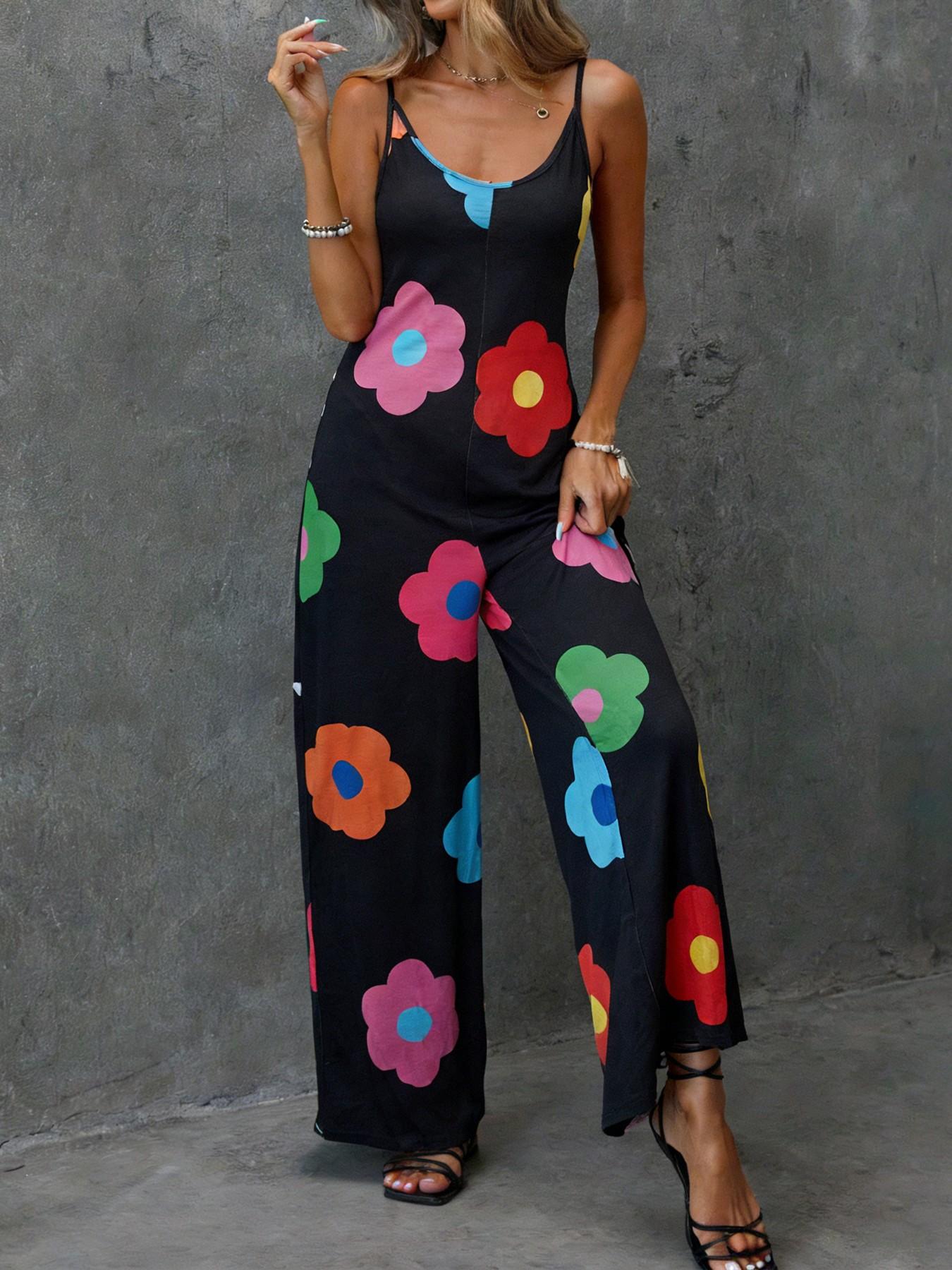 Women's Casual Large Colorful Floral Print Halter Street Fashion Jumpsuit, Side Slit Pockets, Thin Soft Fabric, Sexy Loose-Fitting One-Piece