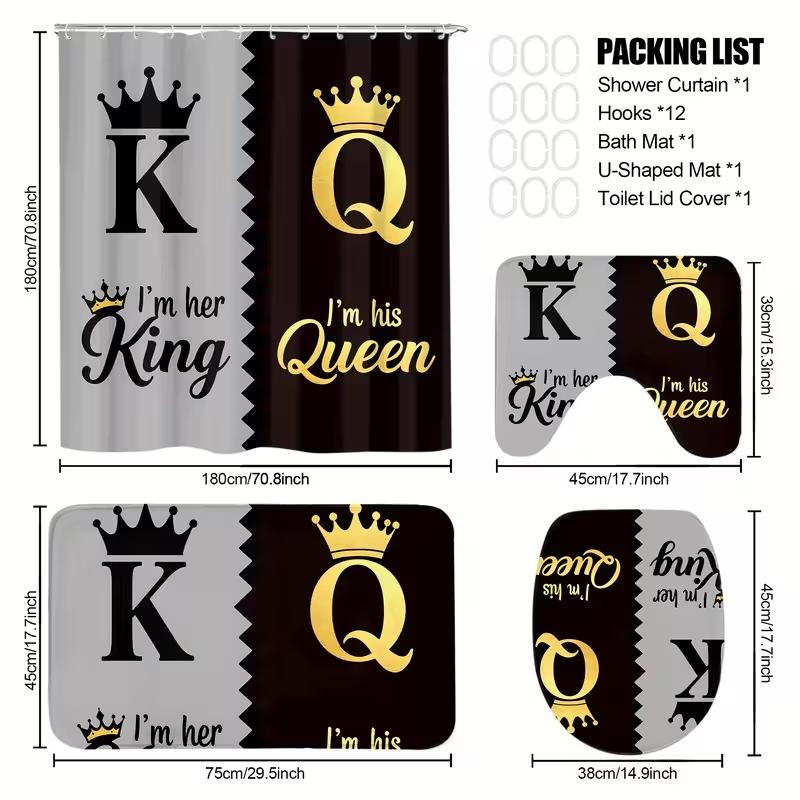 1/4pc King and Queen Pattern Shower Curtain Set, Bathroom Shower Equipment, including shower curtain, toilet seat cover, rectangular mat, and U-shaped mat, perfect for bathroom décor, beautifying the space. Comes with 12 shower curtain hooks.
