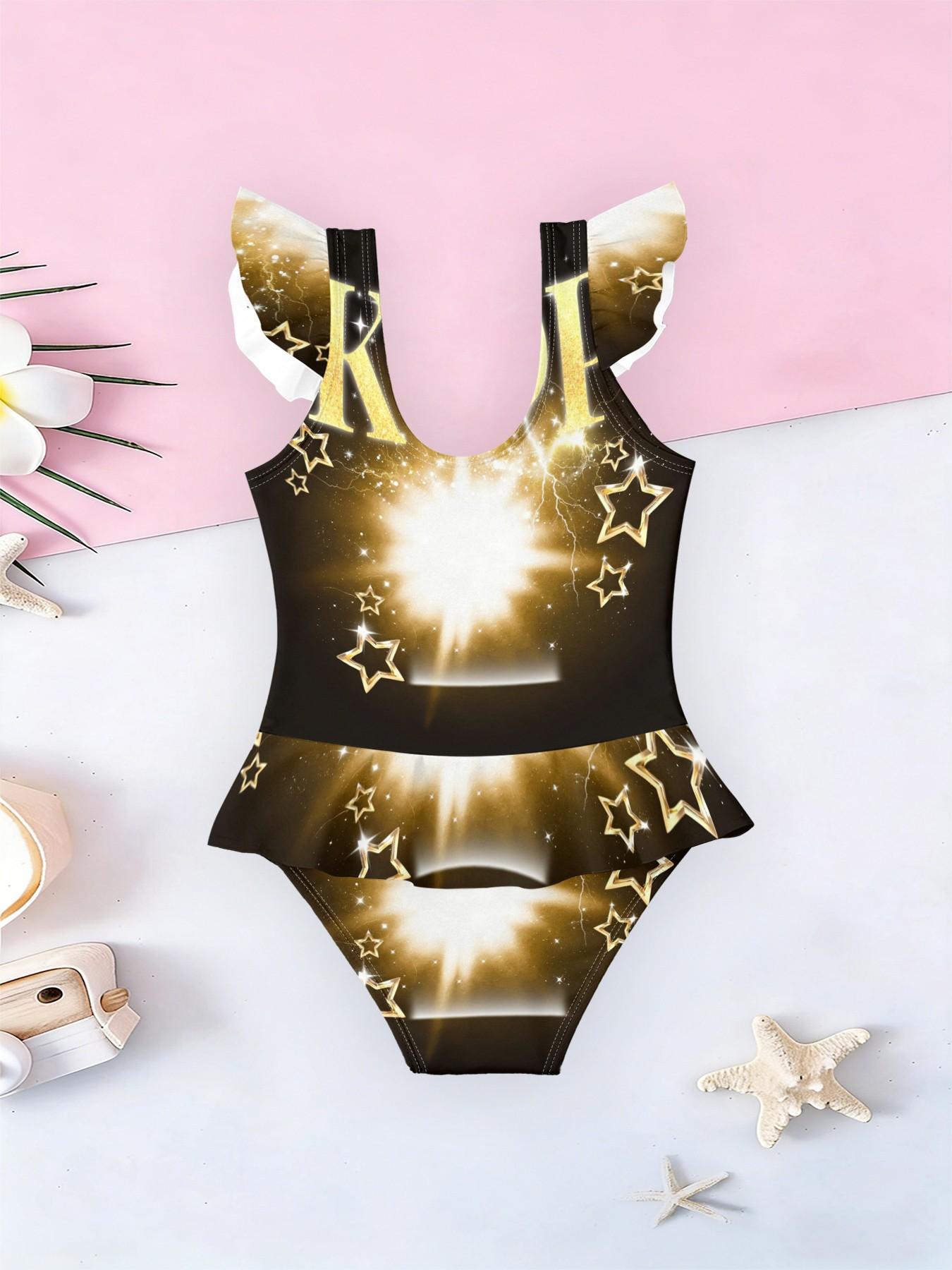 Girls' One-Piece Swimsuit Anime Girl Print, Ruffle Sleeve Quick-Dry Skin-Friendly Swimwear