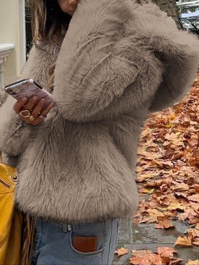 Women's Casual Faux Fur Hooded Jacket, Short Fall & Winter Coat, Medium-Weight with a Luxe Feel, Fitted Design