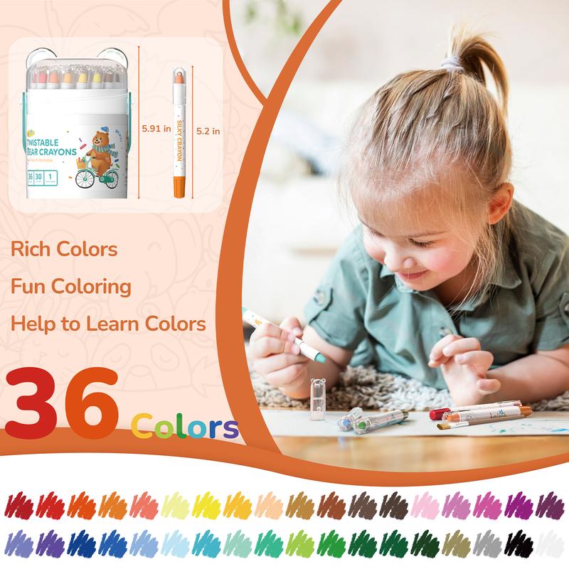 36/24/12Colors Washable Crayons, Twistable Crayons, Bear Crayons, for Toddlers/Kids, Non-Toxic Ultra-Silky, Easy-Grip School/Art Supplies, Ideal Coloring Gift for Boys/Girls, for children/beginners/artists/painting, Christmas gifts Colorful Illustrations
