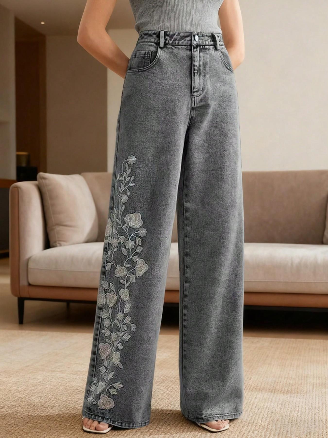 Women's Denim Jeans Embroidered Loose Fit Elastic Straight Leg Pants Fashion High Street Trendy Long Jeans
