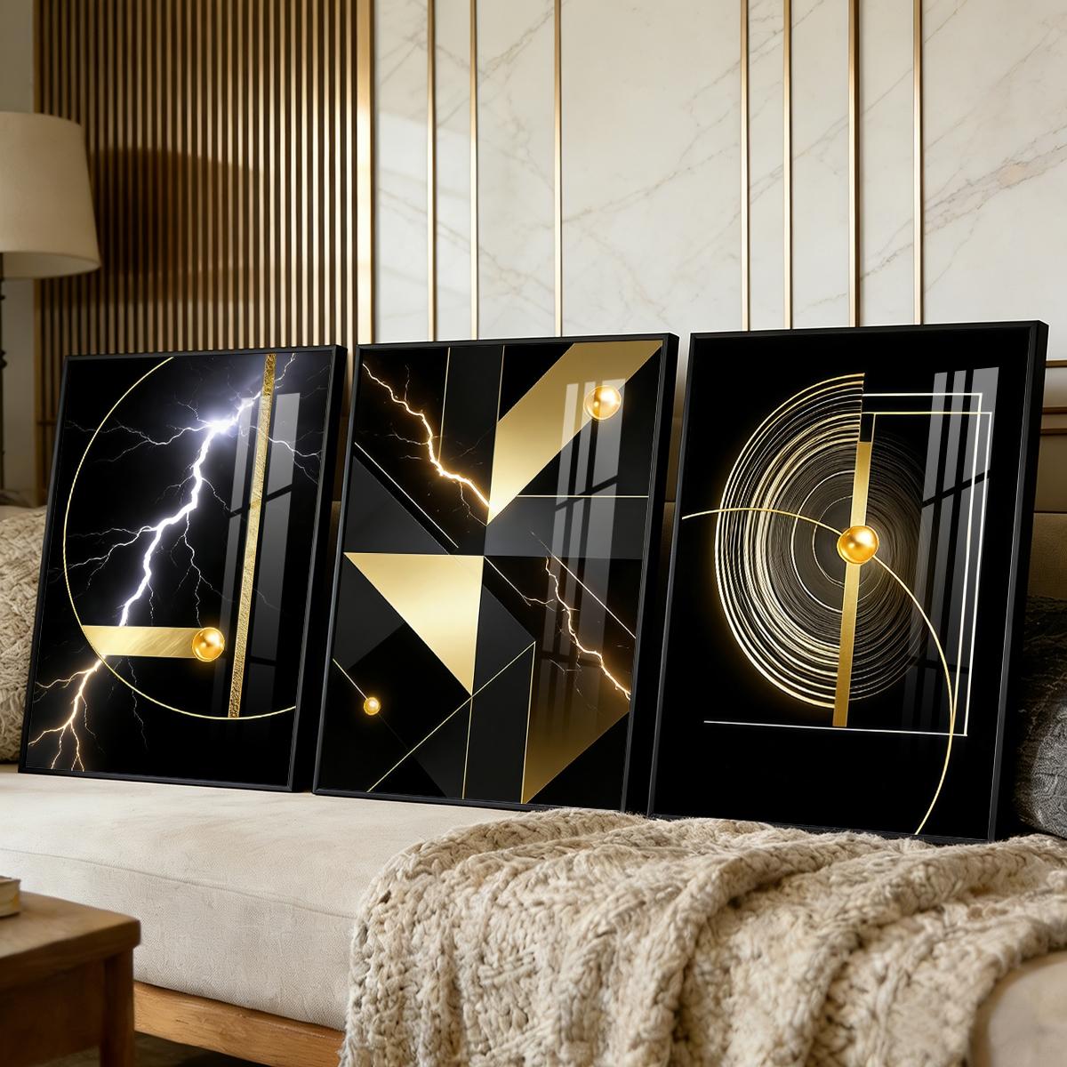 3 Counts Aluminum Alloy Framed Painting, Abstract Golden Geometric Lightning Art Pictures, Home Decoration For Living Room, Bedroom, Office, Restaurant, Hallway Wall Decor, Odorless Print Artwork, Luxury Perfect Gift For Friends And Family