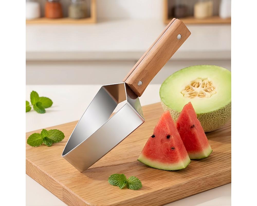 1/2pcs Stainless Steel Watermelon Slicer and Cutter Manual Fruit Cubing Tool with Ergonomic Wood Handle Portable Melon Scooper for Home and Travel Durable Kitchen Gadget for Uniform Slicing Practical Fruit Prep Assistant