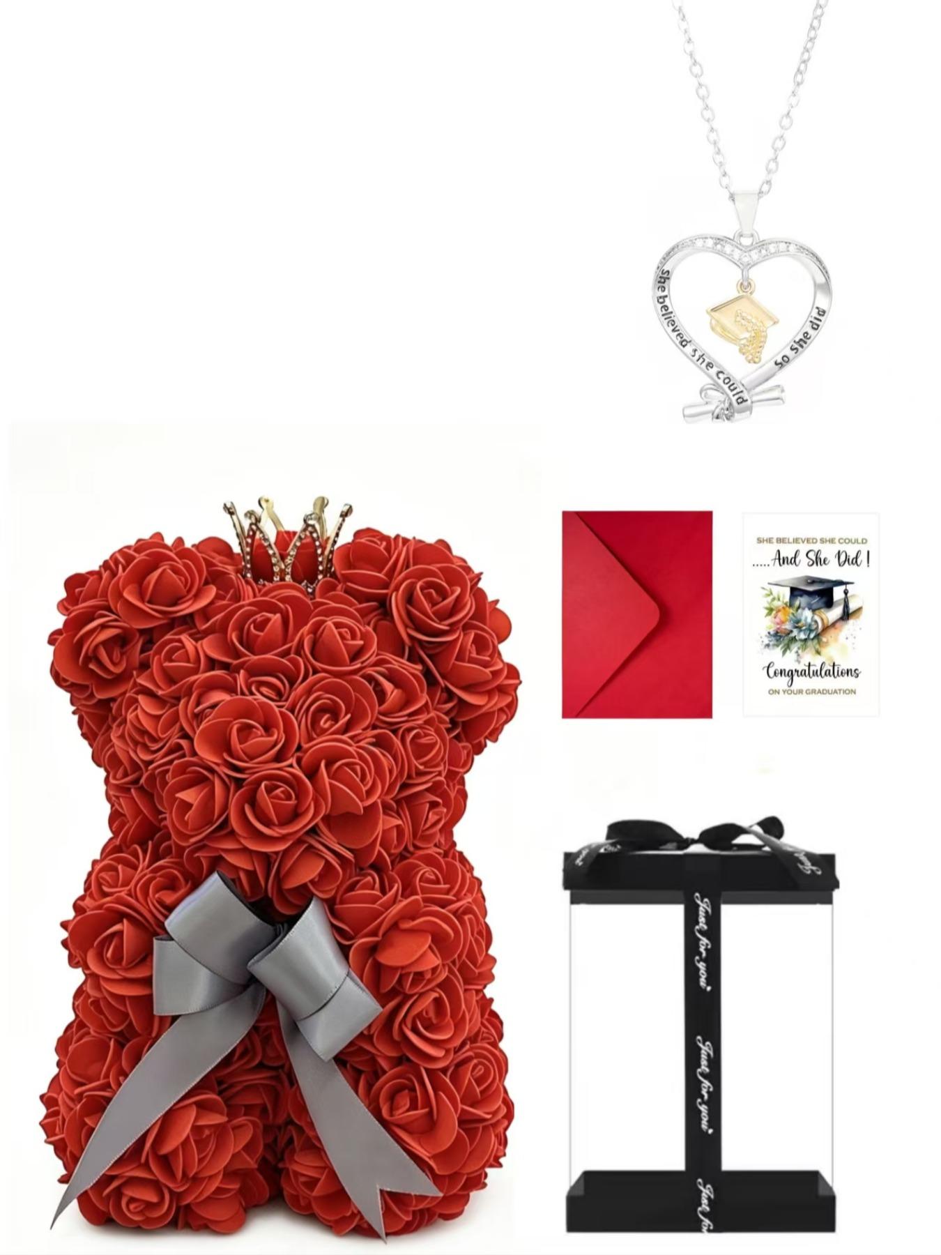 Graduation Gift Set, Handmade Crown Rose Bear Box, Bachelor Hat Necklace, Small Bear Set, Perfect Graduation Present for Friends