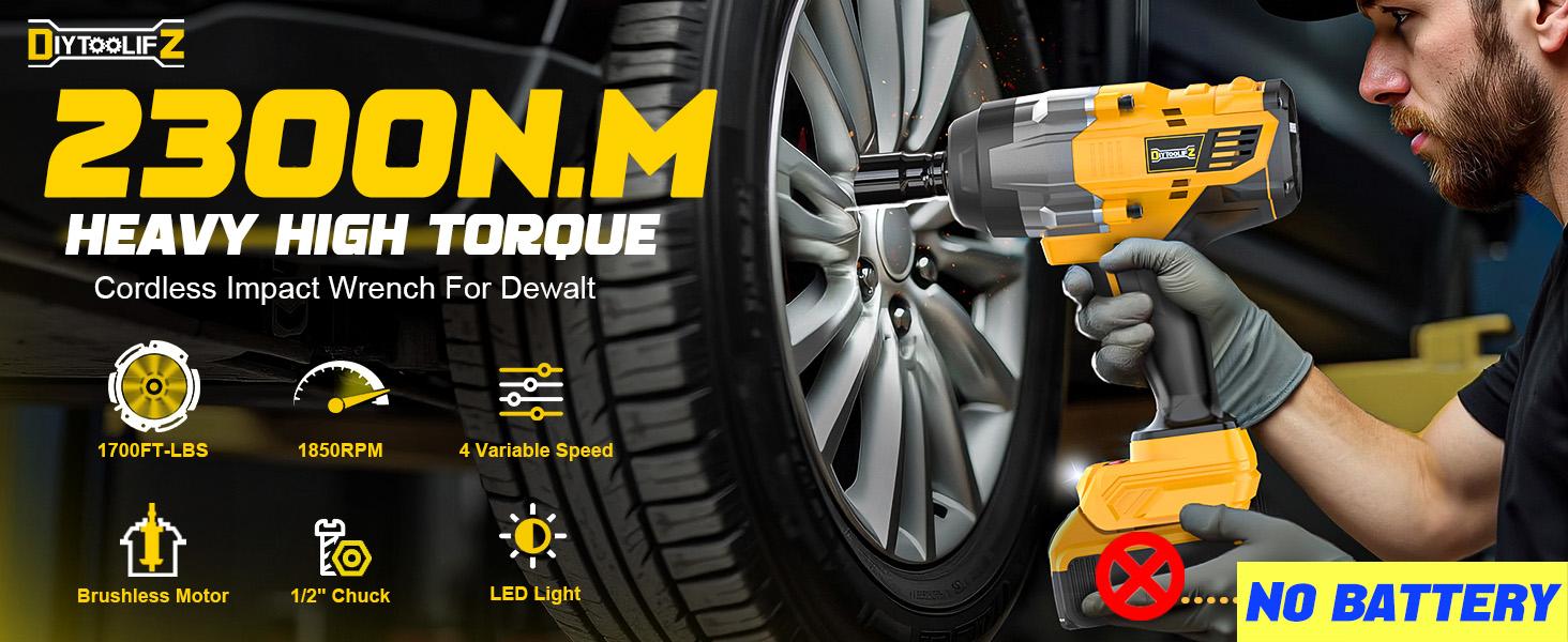 1700Ft-lbs (2300N.m) Cordless Impact Wrench 1/2" Compatible with Dewalt/Milwaukee Battery(No Battery!!),Brushless Impact Gun with 4 Modes & LED Light for CarTruck 1700Ft-lbs (2300N.m) Cordless Impact Wrench 1/2" Compatible with Dewalt/Milwaukee Battery(No Battery!!),Brushless Impact Gun with 4 Modes & LED Light for CarTruck