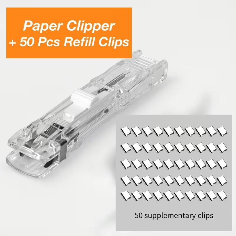 Bookbinding Machine Set with 50 Clips, Transparent Push Pin Binding Tool, No-Hole No-Nail Office Study Material Fastener