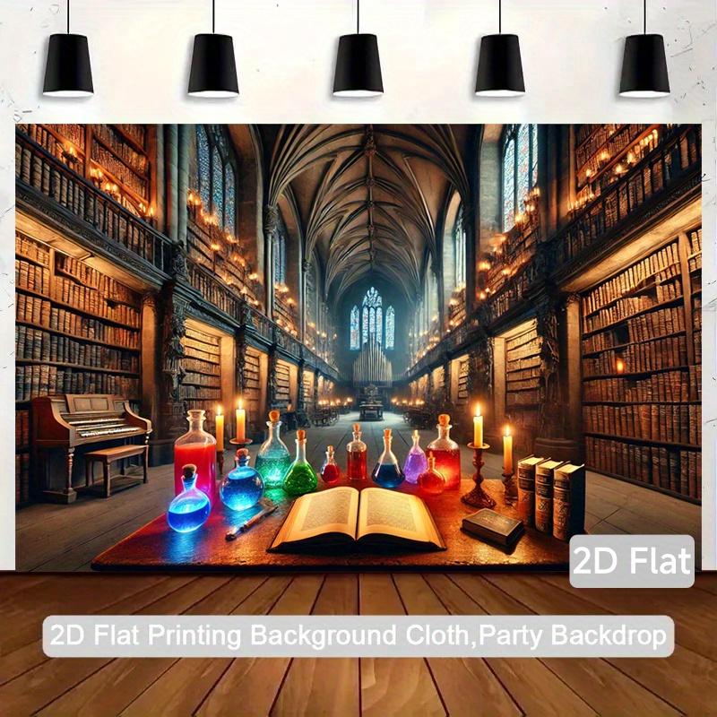 2D Flat, 1pc Magical Library 2D Flat Banner - Gothic Library Backdrop with Bookshelves, Candles & Mystical Decor - Durable Polyester Party Decoration for Birthday, Anniversary, Photo Studio - Indoor/outdoor Use, Library Decor, Indoor Outdoor Decor