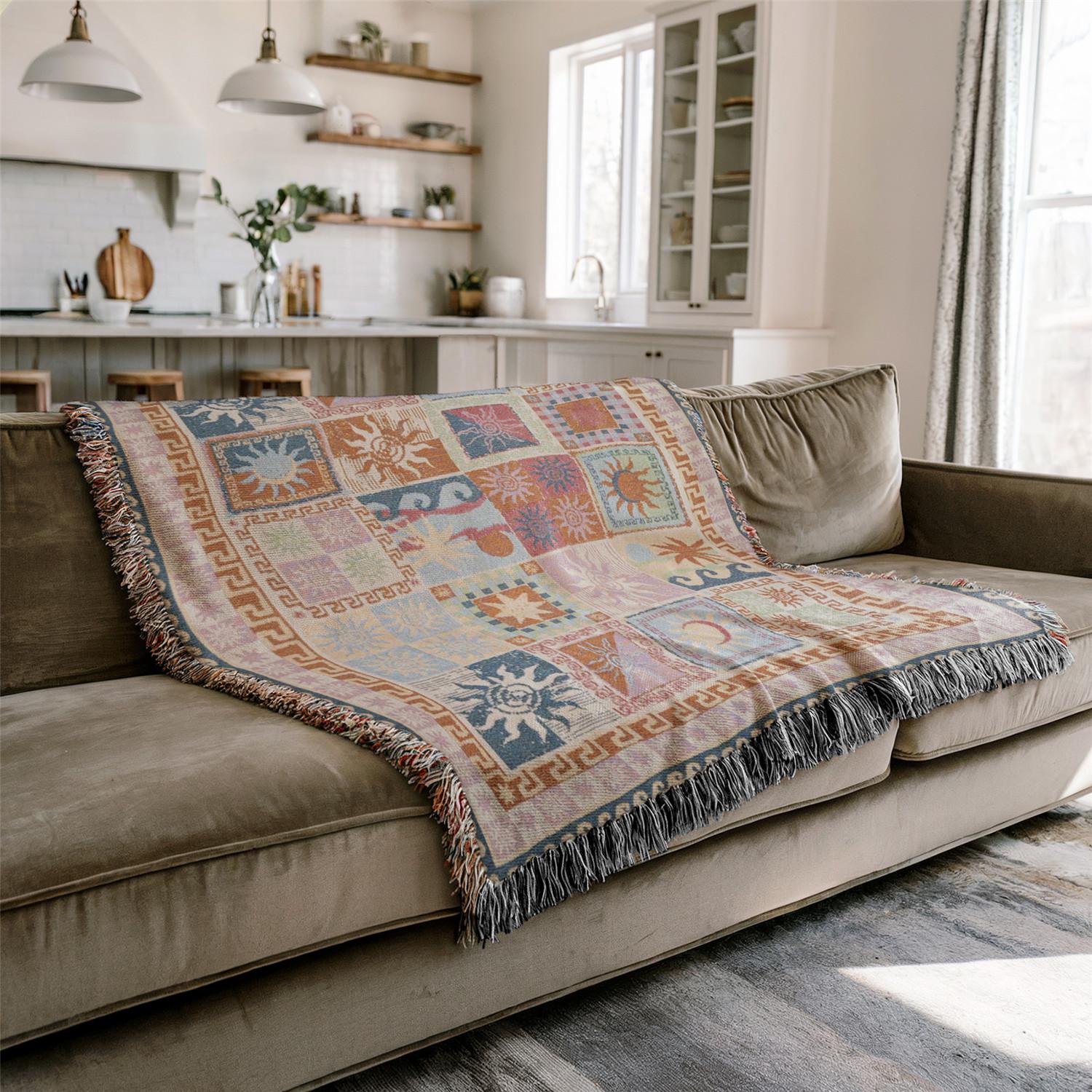 Multi-Function Tassel Woven Blanket, Decorative Blanket, Spliced Geometry Pattern Bed Blanket, for Sofa Cover Couch Throw Blanket Armchair Home Decor Furniture Slipcover Tablecloth Shawl Outdoor Picnic Camping Beach Towel Office Nap