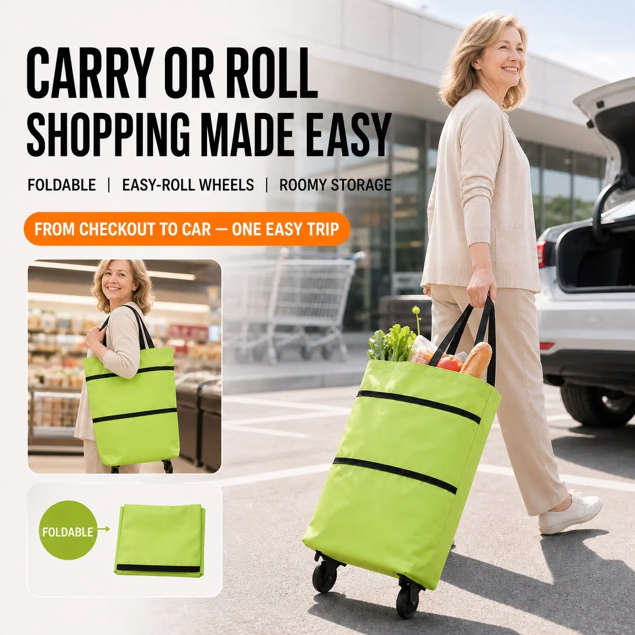 Portable Foldable Polyester Shopping Trolley Bag with Wheels - Lightweight, Compact Fold Rolling Cart for Grocery Hauls, High Load Capacity Practical Utility for Winter Sports Snowmobiling Gear Transport