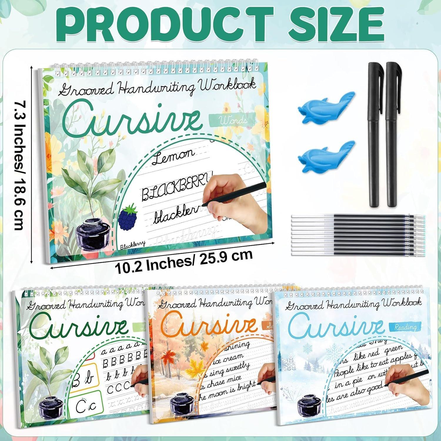 4 Pack Grooved Cursive Handwriting Practice Kit with Disappearing Ink Pens Magic  Grooved Cursive Writing Workbooks Copybook for Beginners  (Words&Sentence&Reading&Letters)