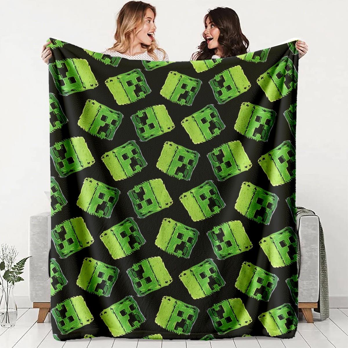 Minecraft Creepers Graffiti Print Flannel Blanket, Soft Lightweight Warm, Bedroom Holiday Decor, Bed Sofa Office Camping Travel Gift
