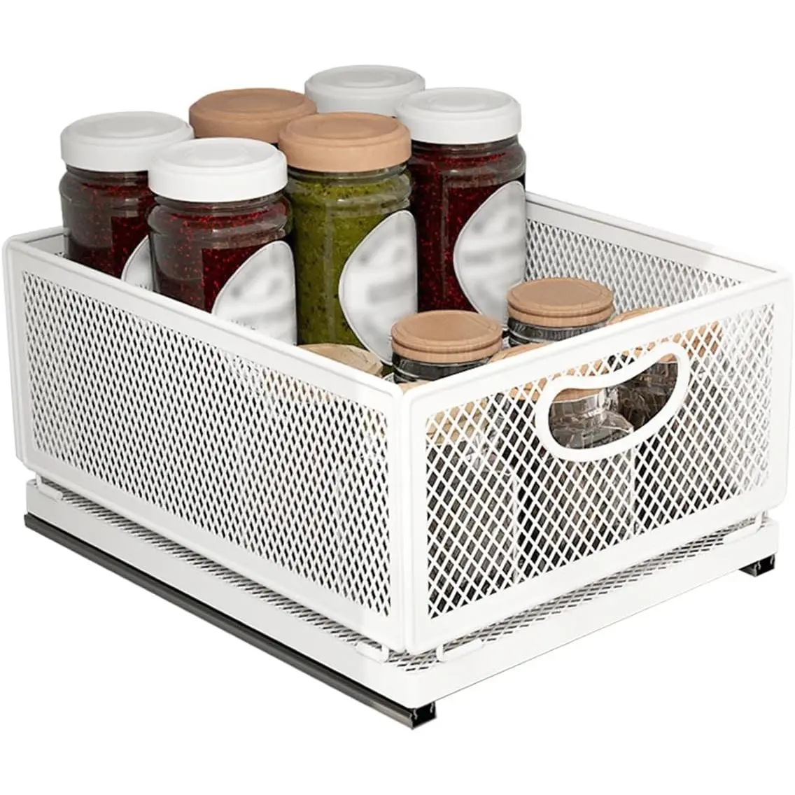Sliding Cabinet Basket Organizer Drawer Self Adhesive Slide out Pantry Shelves Heavy Duty Carbon Steel Slide Cabinet Storage Basket with Handle for Bathroom Kitchen