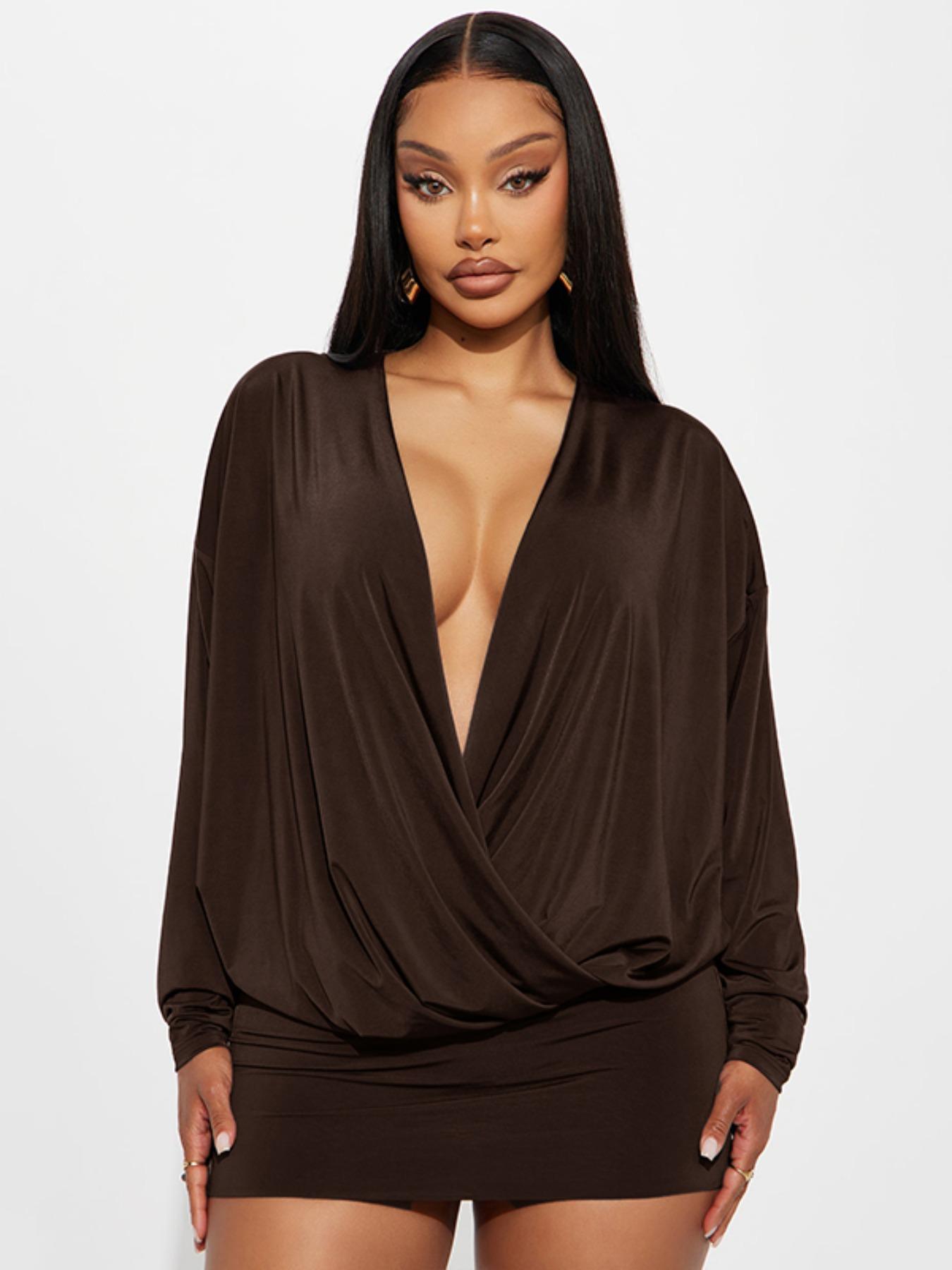 Women's Street Style Y2K Deep V Batwing Sleeve Dress, Long Sleeve Spring & Fall Fashion, Trendy Ladies for Casual Wear, Casual Comfy Chic